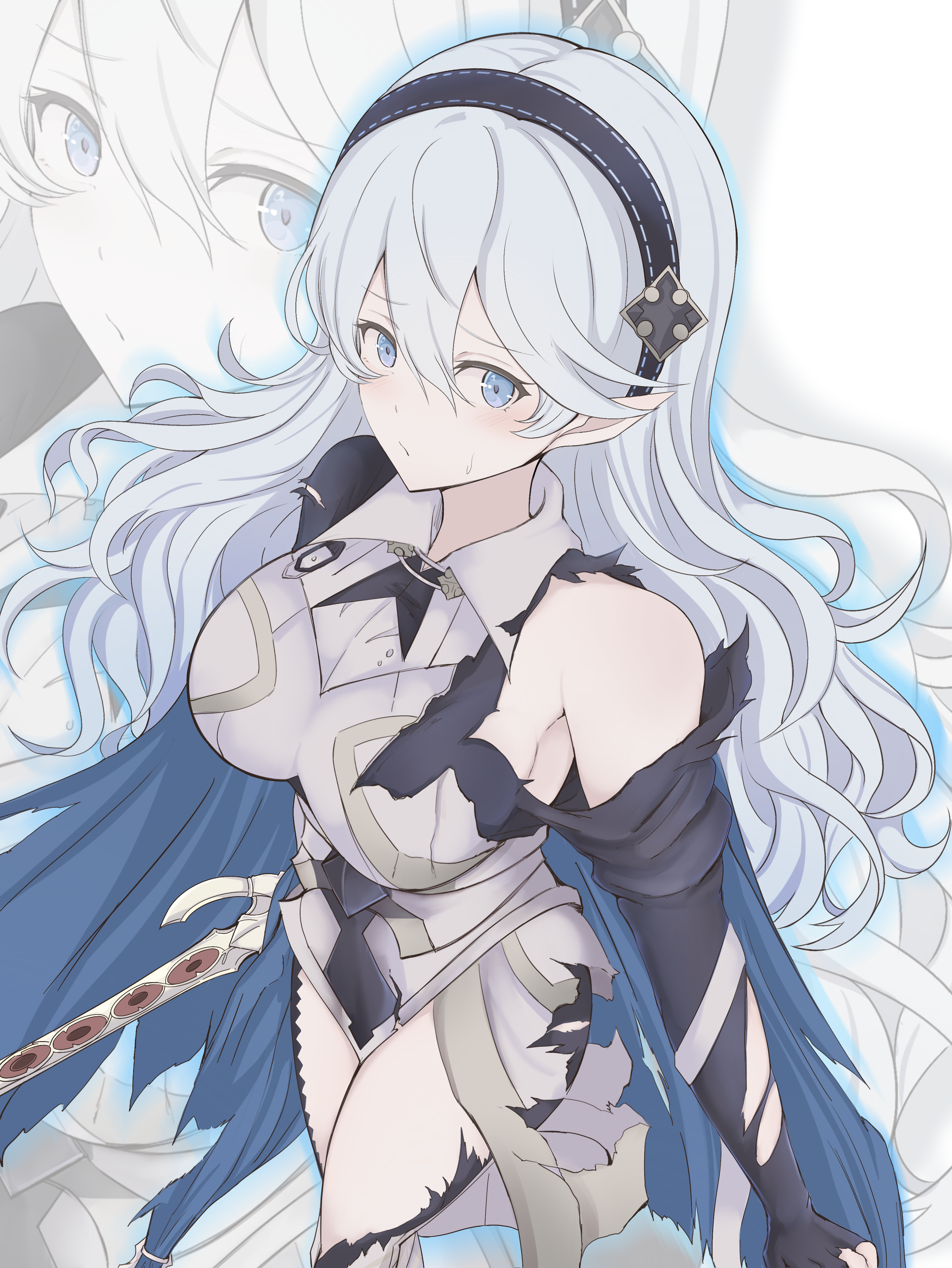 nenemu0, female corrin (emblem) (fire emblem), female corrin (fire emblem), fire emblem, fire emblem engage, fire emblem fates, fire emblem heroes, nintendo, absurdres, highres, 1girl, armor, armored leotard, armpits, aura, bare shoulders, battle damage, black gloves, black hairband, blue aura, blue cape, blush, breasts, cape, closed mouth, fingerless gloves, gloves, grey hair, hair between eyes, hairband, holding, holding sword, holding weapon, large breasts, leotard, long hair, looking at viewer, pointy ears, red eyes, sideboob, single bare shoulder, solo, sweat, sword, thighs, torn clothes, weapon, yato (fire emblem), zoom layer