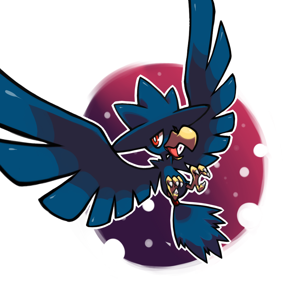 limb92, murkrow, nintendo, pokemon, bird, full body, gen 2 pokemon, looking at viewer, open mouth, pokemon (creature), red eyes, solo