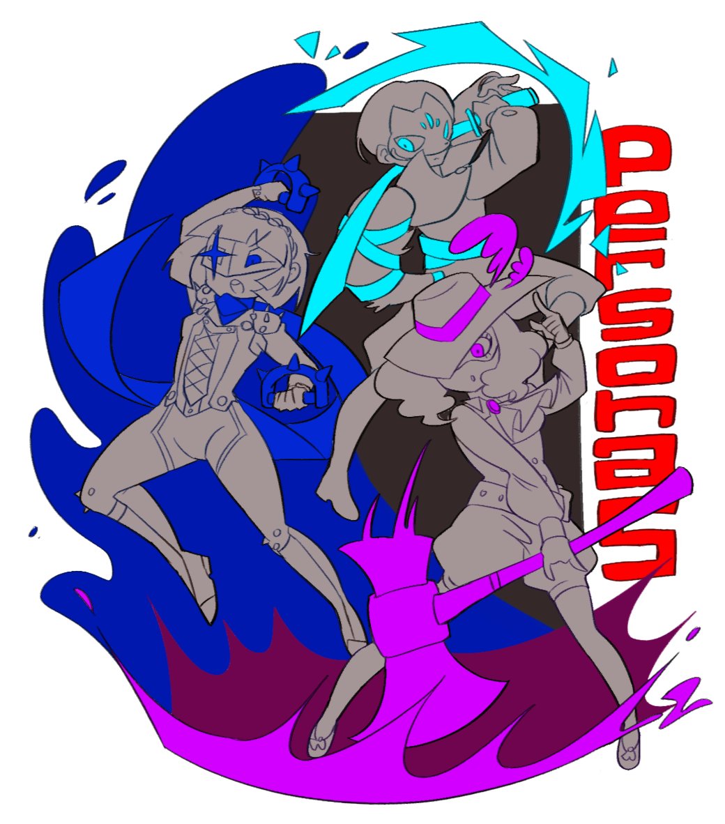 sasibowol, fox (persona 5), kitagawa yuusuke, niijima makoto, noir (persona 5), okumura haru, queen (persona 5), persona, persona 5, hashtag-only commentary, 1boy, 2girls, axe, blue eyes, closed mouth, copyright name, full body, hat, hat feather, holding, holding axe, holding sword, holding weapon, long hair, mask, multiple girls, open mouth, purple eyes, short hair, simple background, spiked knuckles, spot color, standing, sword, weapon, white background