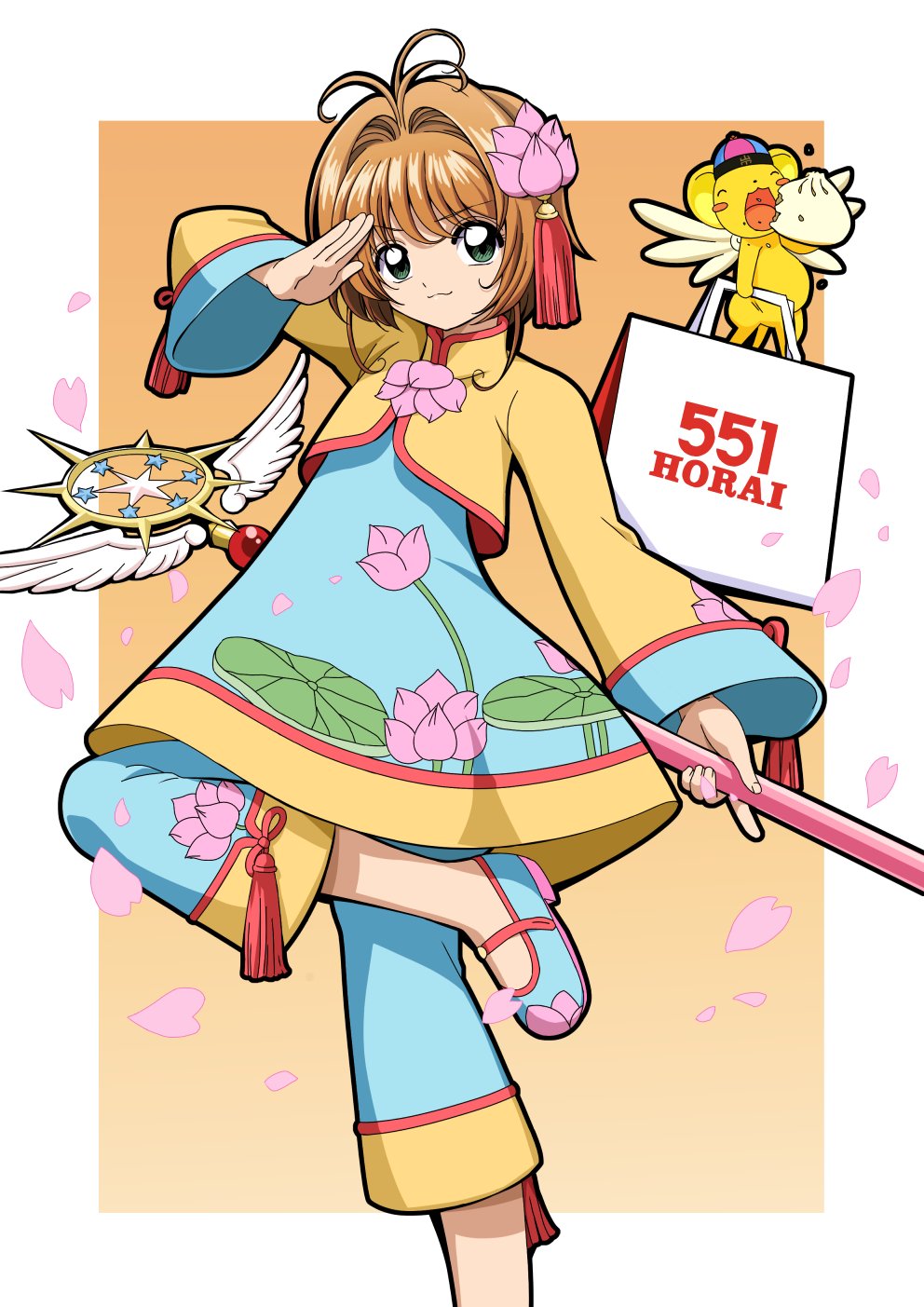 gesugesu ahoaho, kero (cardcaptor sakura), kinomoto sakura, cardcaptor sakura, highres, 1girl, brown hair, chinese clothes, floral print, green eyes, hair ornament, holding, holding wand, looking at viewer, magical girl, short hair, smile, standing, standing on one leg, tassel, tassel hair ornament, wand