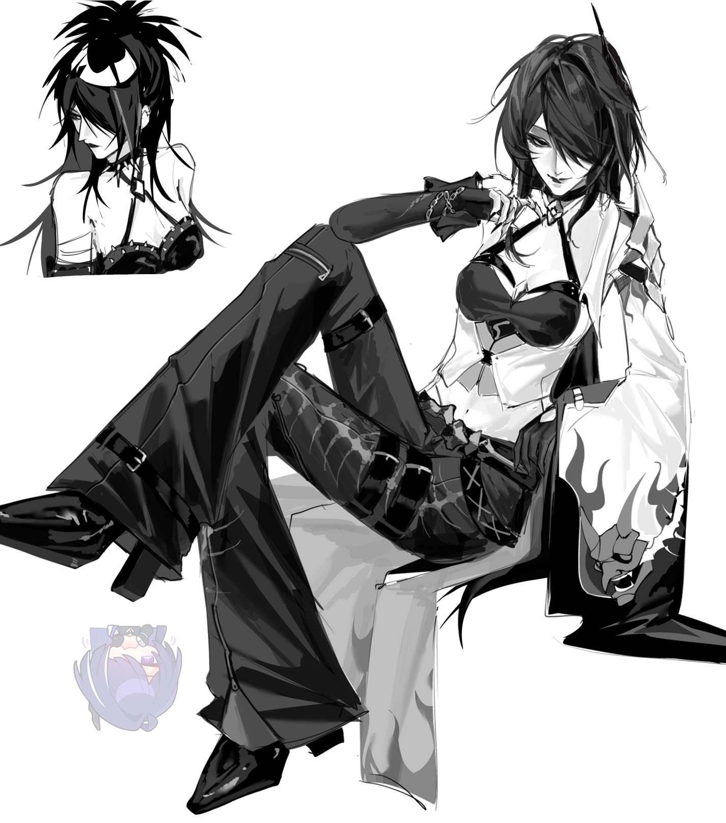 kirypuff, acheron (honkai: star rail), honkai: star rail, honkai (series), highres, 1girl, alternate hairstyle, belt, black shoes, boots, hair over one eye, inset, navel, pants, shoes, simple background, sitting, solo, white background