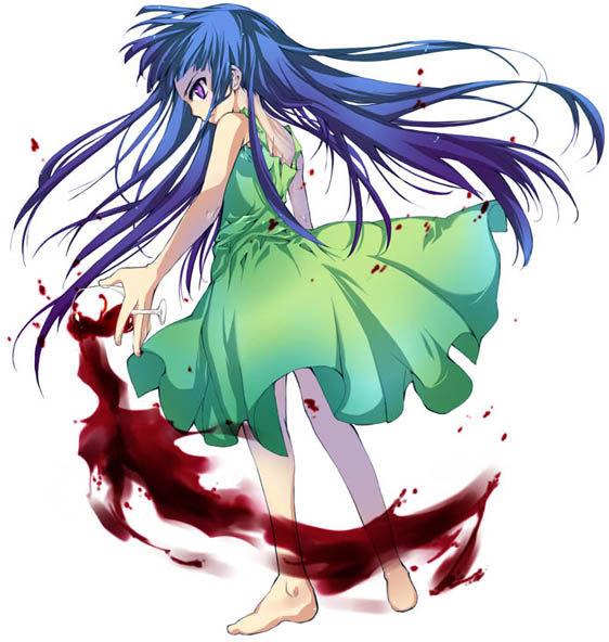 suzuragi karin, furude rika, higurashi no naku koro ni, non-web source, 00s, 1girl, alcohol, barefoot, blue hair, chalice, cup, dress, female focus, green skirt, long hair, purple eyes, skirt, solo, spill, wine