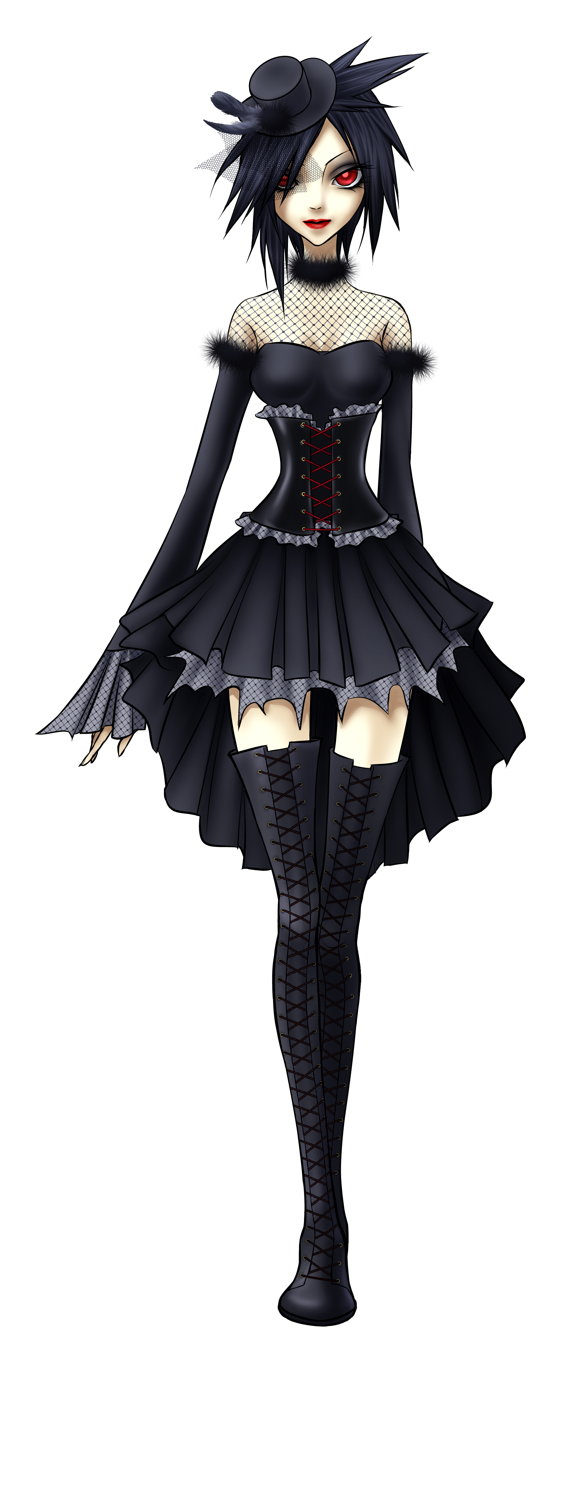 murkrow, nintendo, pokemon, absurdres, highres, 1girl, black boots, black dress, black hair, black hat, black skirt, boots, breasts, detached sleeves, dress, gen 2 pokemon, hair over one eye, hat, lace-up boots, lipstick, looking at viewer, makeup, mini hat, personification, pokemon (creature), red eyes, silverlighta, skirt, small breasts, solo, thigh boots, white background