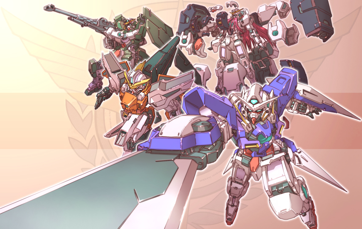 dynames, exia, gundam dynames, gundam exia, gundam kyrios, gundam nadleeh, gundam virtue, kyrios, nadleeh, virtue, gundam, gundam 00, beige background, 00s, armor, cannon, emblem, holding, holding sword, holding weapon, huge weapon, long hair, machinery, mecha, nedleeh, no humans, red hair, robot, simple background, sword, very long hair, weapon