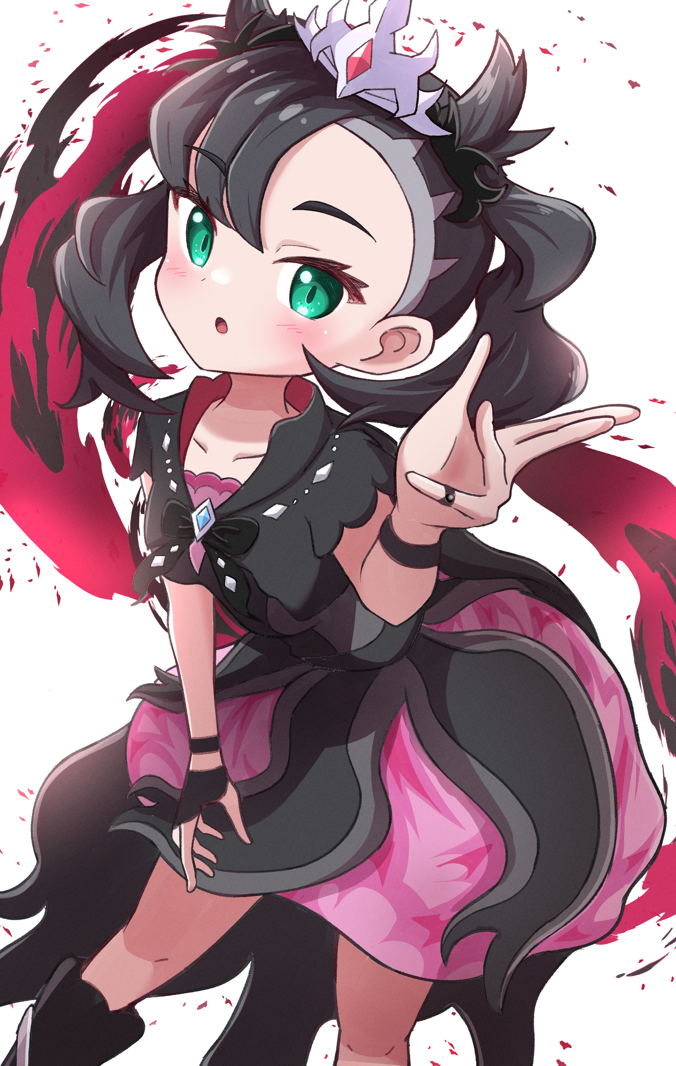 rono (lethys), marnie (champion) (pokemon), marnie (pokemon), nintendo, pokemon, pokemon masters ex, absurdres, highres, 1girl, :o, asymmetrical bangs, black boots, black bow, black bowtie, black dress, black hair, blush, boots, bow, bowtie, breasts, collarbone, dress, fingerless gloves, gloves, green eyes, hair ribbon, half gloves, hand up, jewelry, leaning forward, looking at viewer, official alternate costume, official alternate hairstyle, open mouth, ribbon, ring, simple background, single half glove, small breasts, solo, tiara, twintails, undercut, wavy hair, white background, wristband