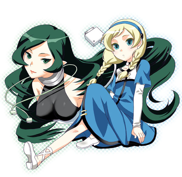 mattaku mousuke, net venus, sayaka erenkowa, net ghost pipopa, 00s, 2girls, blonde hair, blue eyes, blush, braid, cable, choker, dress, flat chest, green eyes, green hair, hairband, leg up, lipstick, long hair, makeup, multiple girls, pointy ears, shoes, sitting, smile, twin braids, very long hair