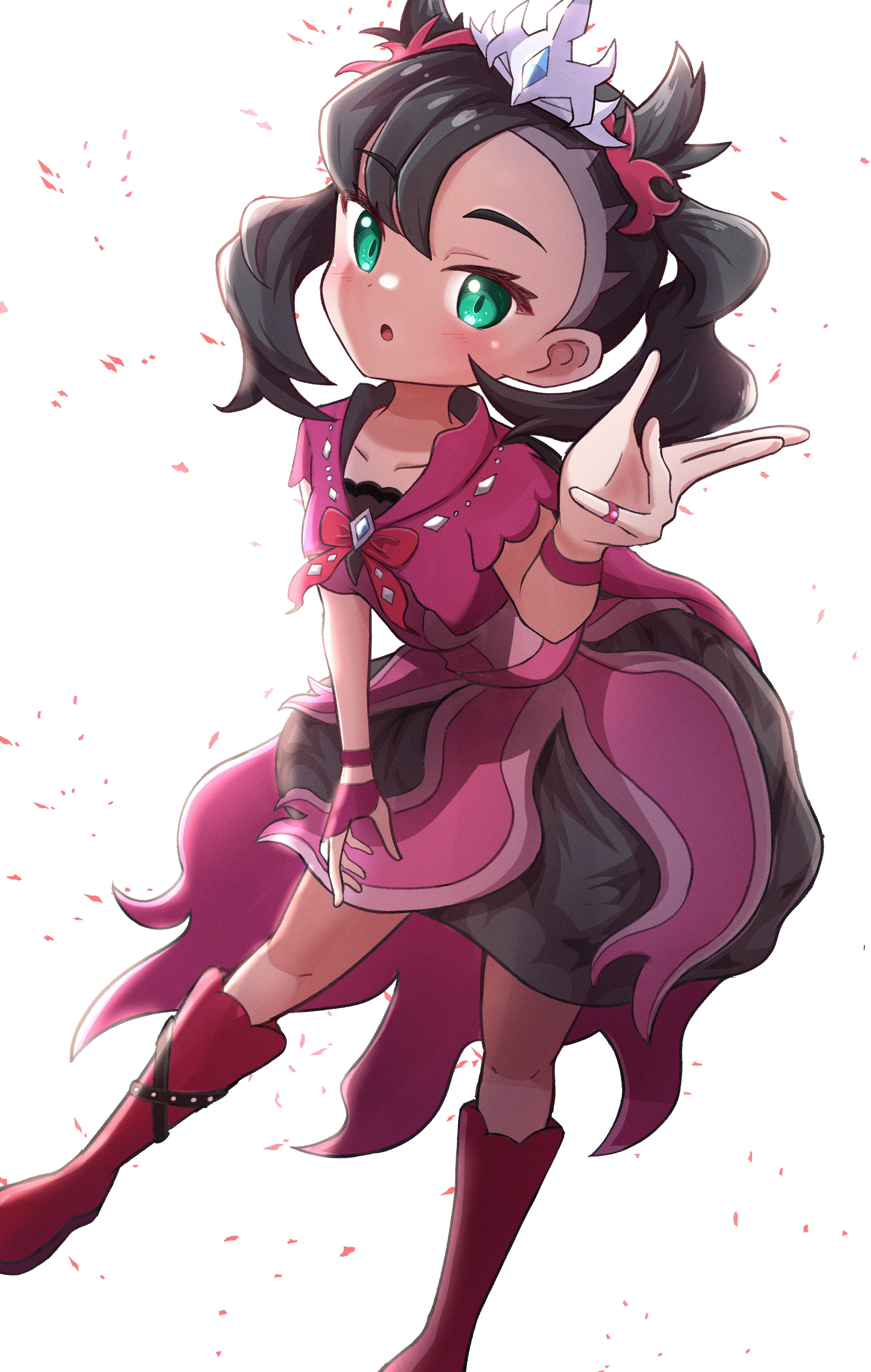 rono (lethys), marnie (champion) (pokemon), marnie (pokemon), nintendo, pokemon, pokemon masters ex, absurdres, highres, 1girl, :o, asymmetrical bangs, black boots, black bow, black bowtie, black dress, black hair, blush, boots, bow, bowtie, breasts, collarbone, dress, fingerless gloves, full body, gloves, green eyes, hair ribbon, half gloves, hand up, jewelry, leaning forward, looking at viewer, official alternate color, official alternate costume, official alternate hairstyle, open mouth, pink dress, purple dress, red boots, ribbon, ring, simple background, single half glove, small breasts, solo, tiara, twintails, undercut, wavy hair, white background, wristband
