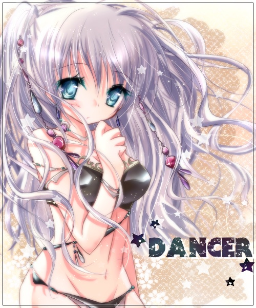 ichiyou moka, silver hair, bad id, bikini, black bikini, blue eyes, dancer, long hair, solo, swimsuit, twintails