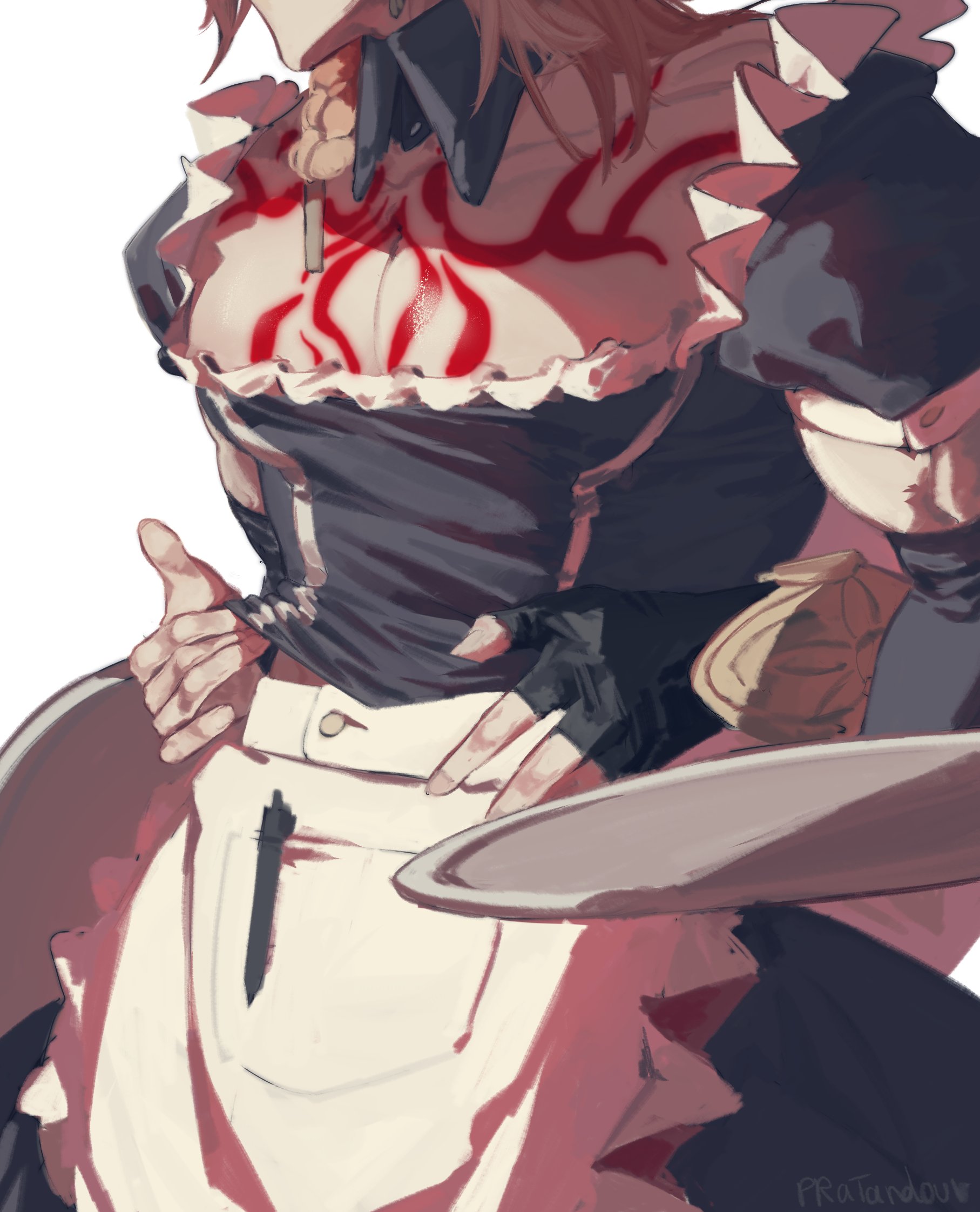 mydei (honkai: star rail), phainon (honkai: star rail), honkai: star rail, honkai (series), commentary, english commentary, highres, 2boys, alternate costume, apron, artist name, black gloves, blonde hair, braid, chest tattoo, crossdressing, crossdressing (mtf), detached collar, enmaided, fingerless gloves, gloves, gradient hair, head out of frame, maid, maid apron, male focus, male maid, medium hair, multicolored hair, multiple boys, object in pocket, pectorals, pen in pocket, pocket, pratandour, red hair, red tattoo, side braid, simple background, tattoo, white apron, white background
