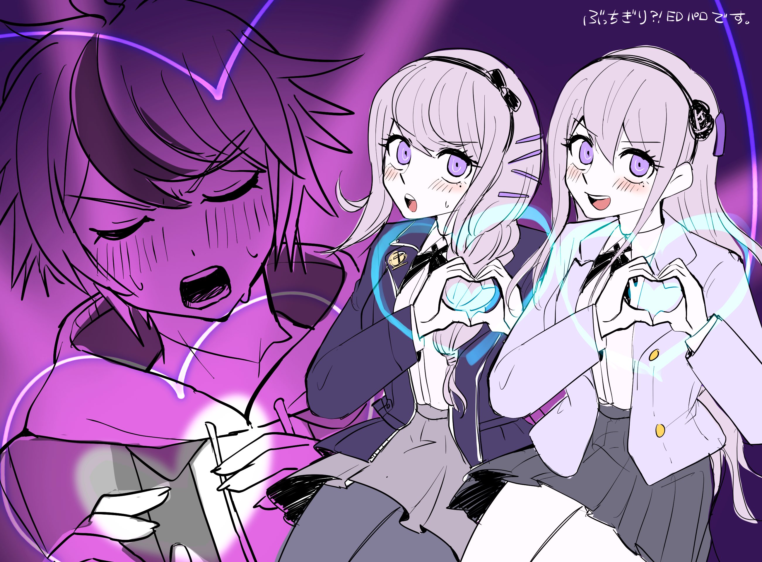 tkiura runa, kashimiya karua, kirifuji nozomi, sumino takumi, the hundred line -last defense academy-, commentary request, highres, 1boy, 2girls, black pantyhose, black skirt, blush, closed eyes, grey hair, grey skirt, heart, heart hands, hood, hood down, hoodie, jacket, mole, mole under eye, multicolored hair, multiple girls, open clothes, open jacket, open mouth, pantyhose, pleated skirt, purple eyes, purple jacket, skirt, smile, streaked hair, sweatdrop