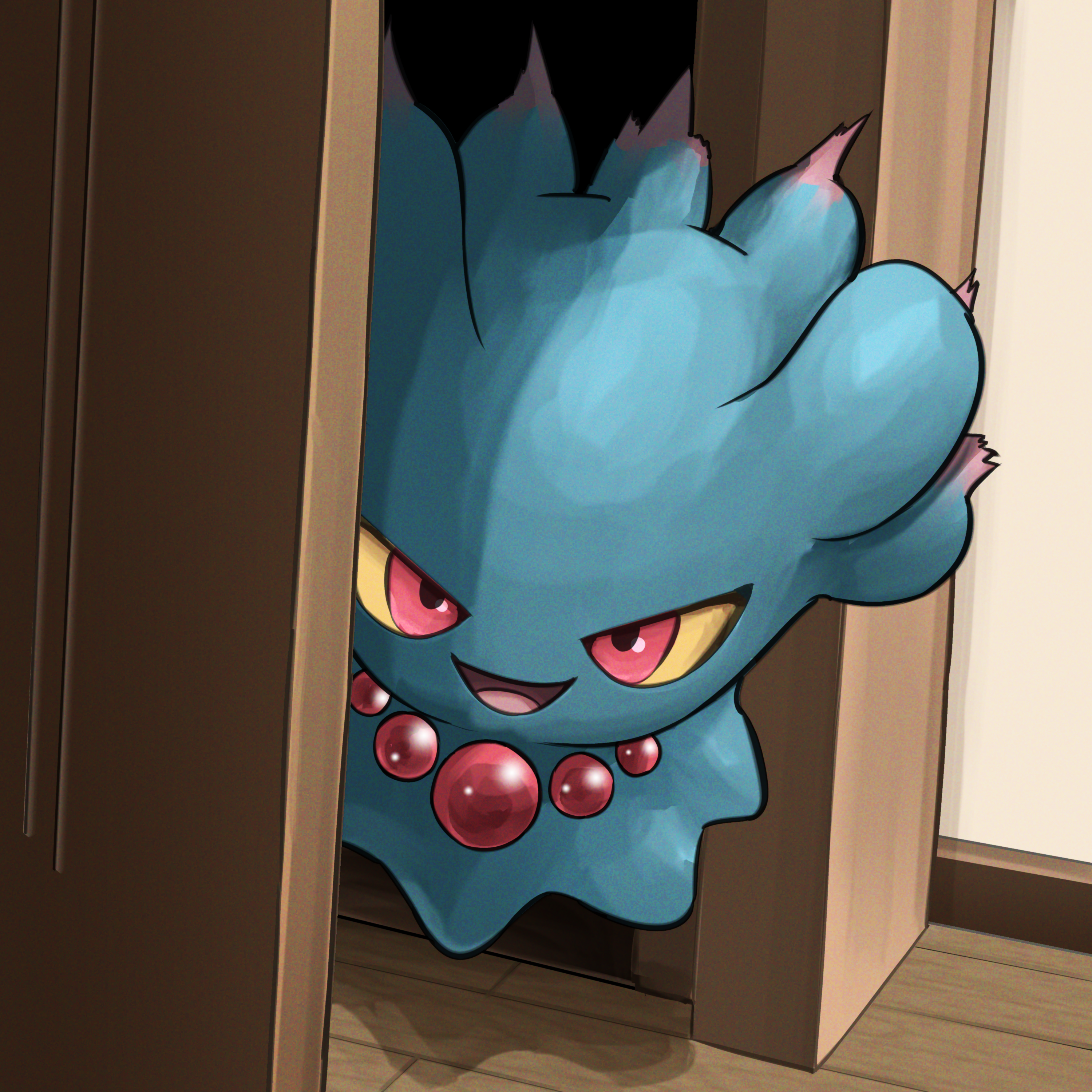 spicyichizo, misdreavus, nintendo, pokemon, absurdres, highres, colored sclera, gen 2 pokemon, indoors, looking at viewer, no humans, open door, pokemon (creature), red eyes, smile, solo, wooden floor, yellow sclera