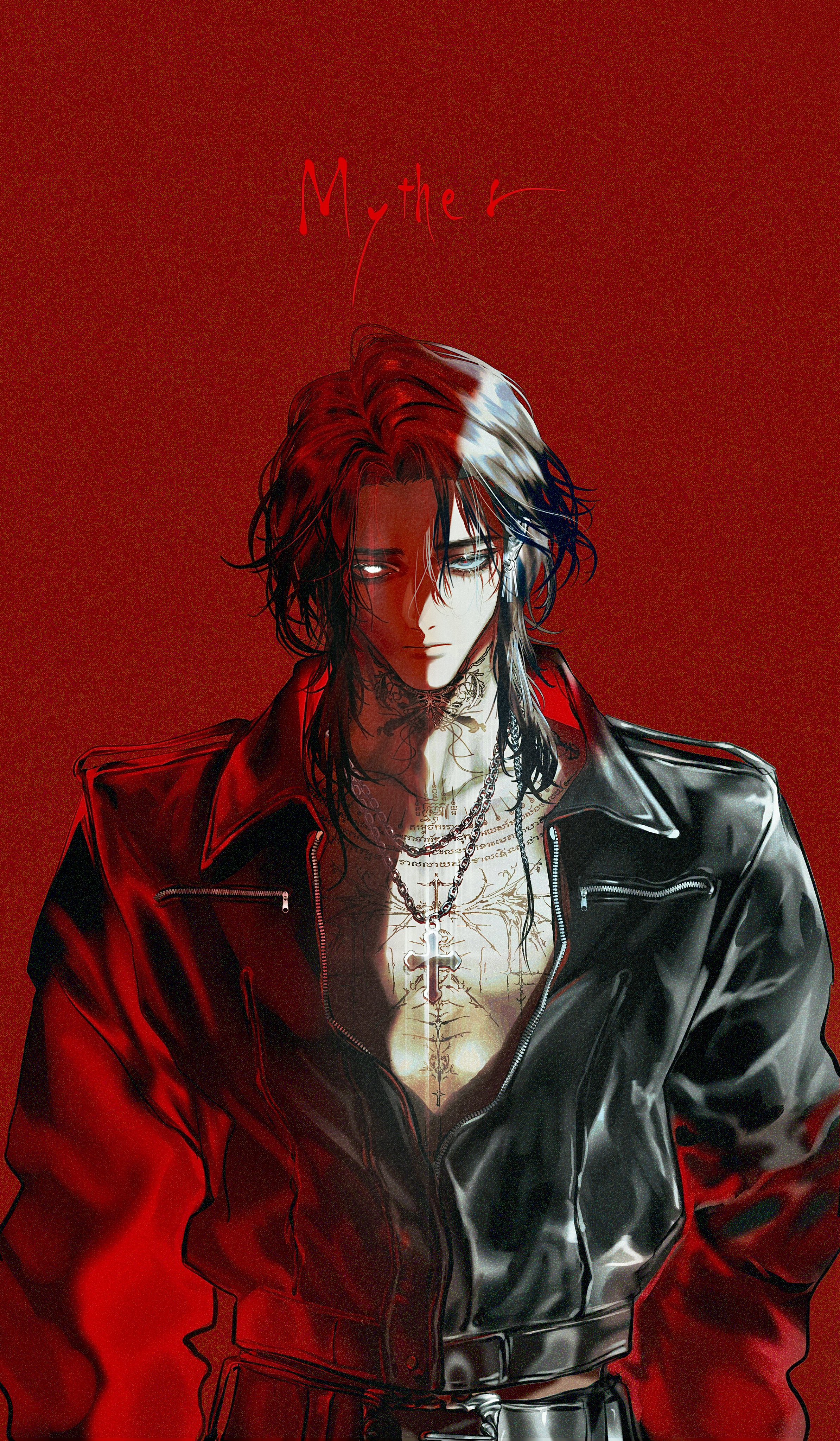 mukashi95, absurdres, highres, 1boy, belt, black jacket, black pants, chest tattoo, cross, earrings, glowing, glowing eye, jacket, jewelry, leather, leather jacket, leather pants, looking at viewer, male focus, mullet, multicolored hair, myther, neck tattoo, pants, parted hair, pectoral cleavage, pectorals, red background, shaded face, stomach tattoo, tattoo, toned, two-tone hair, vanitas (myther), white hair