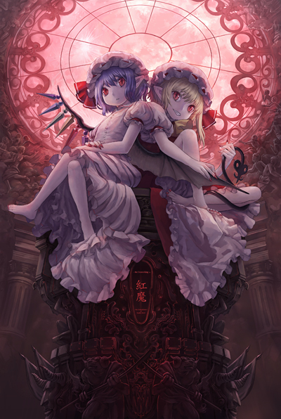 masakichi, flandre scarlet, remilia scarlet, touhou, 2girls, feet, female focus, multiple girls, nail polish, red nails, siblings, sisters