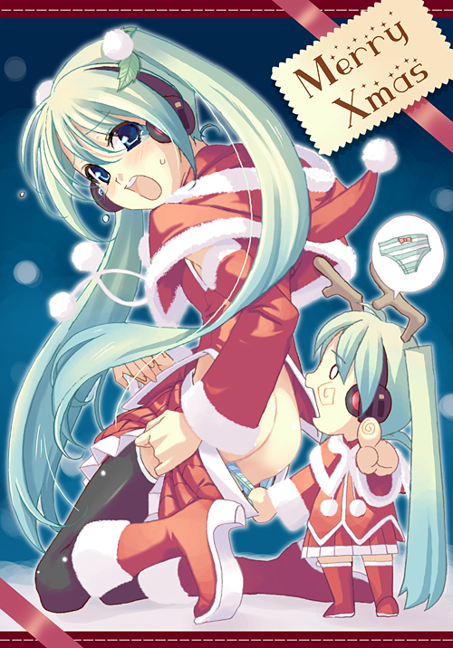 takei ooki, hachune miku, hatsune miku, vocaloid, 0 0, 2girls, antlers, aqua hair, ass, black thighhighs, christmas, horns, long hair, multiple girls, panties, panty pull, pointing, santa costume, striped clothes, striped panties, tears, thighhighs, underwear, very long hair, zettai ryouiki