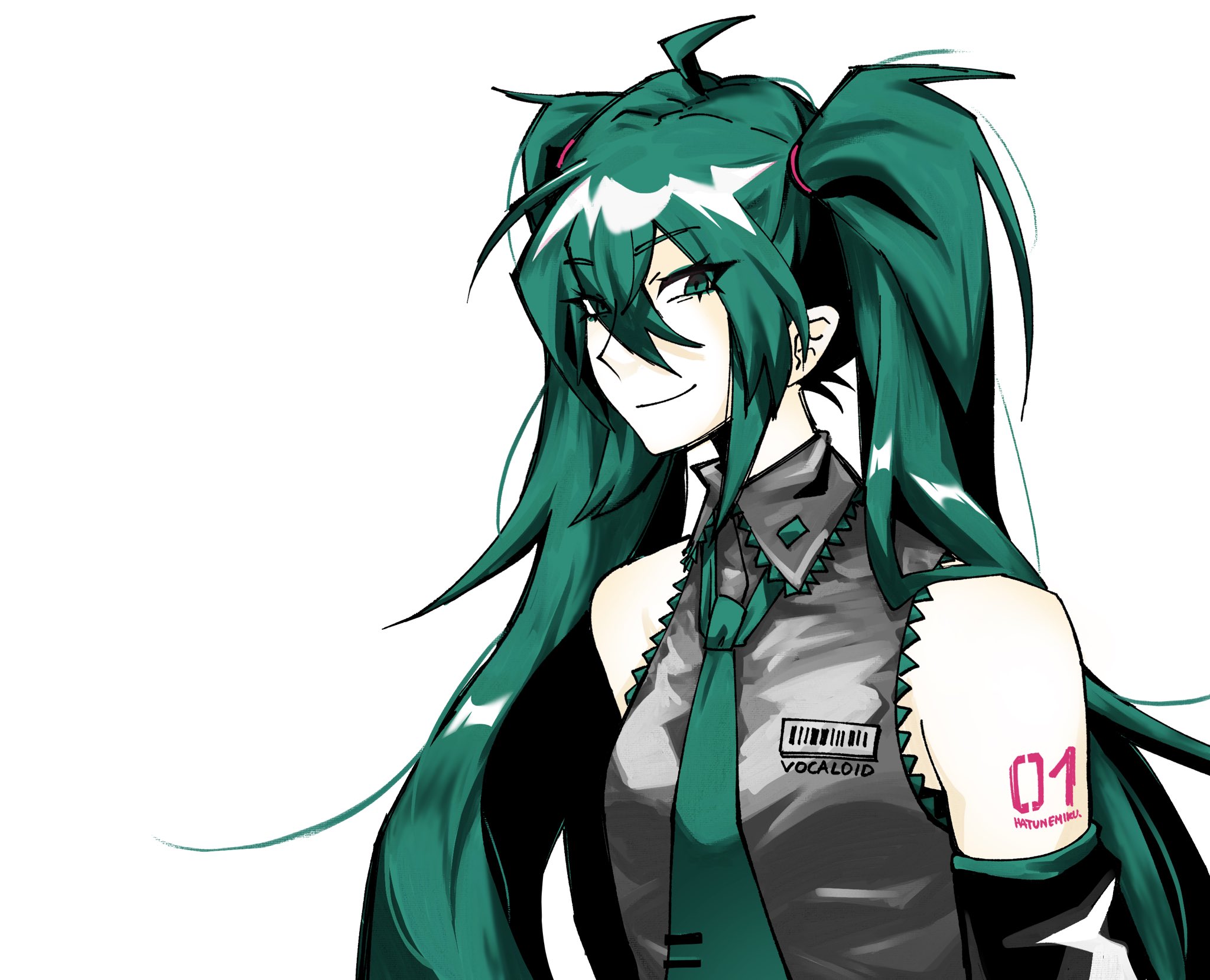 hatsune miku, vocaloid, highres, 1girl, ahoge, aqua eyes, aqua hair, aqua necktie, bare shoulders, closed mouth, collared shirt, detached sleeves, grey shirt, long hair, looking at viewer, necktie, portrait, shirt, shoulder tattoo, sidelocks, simple background, sleeveless, sleeveless shirt, smile, solo, spiked hair, tattoo, tealhuez, twintails, very long hair, white background