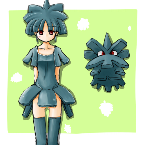 tenjou ryuka, pineco, nintendo, pokemon, lowres, creature and personification, dress, gen 2 pokemon, green background, green dress, looking at viewer, parted bangs, personification, pokemon (creature), red eyes, short hair, thighhighs