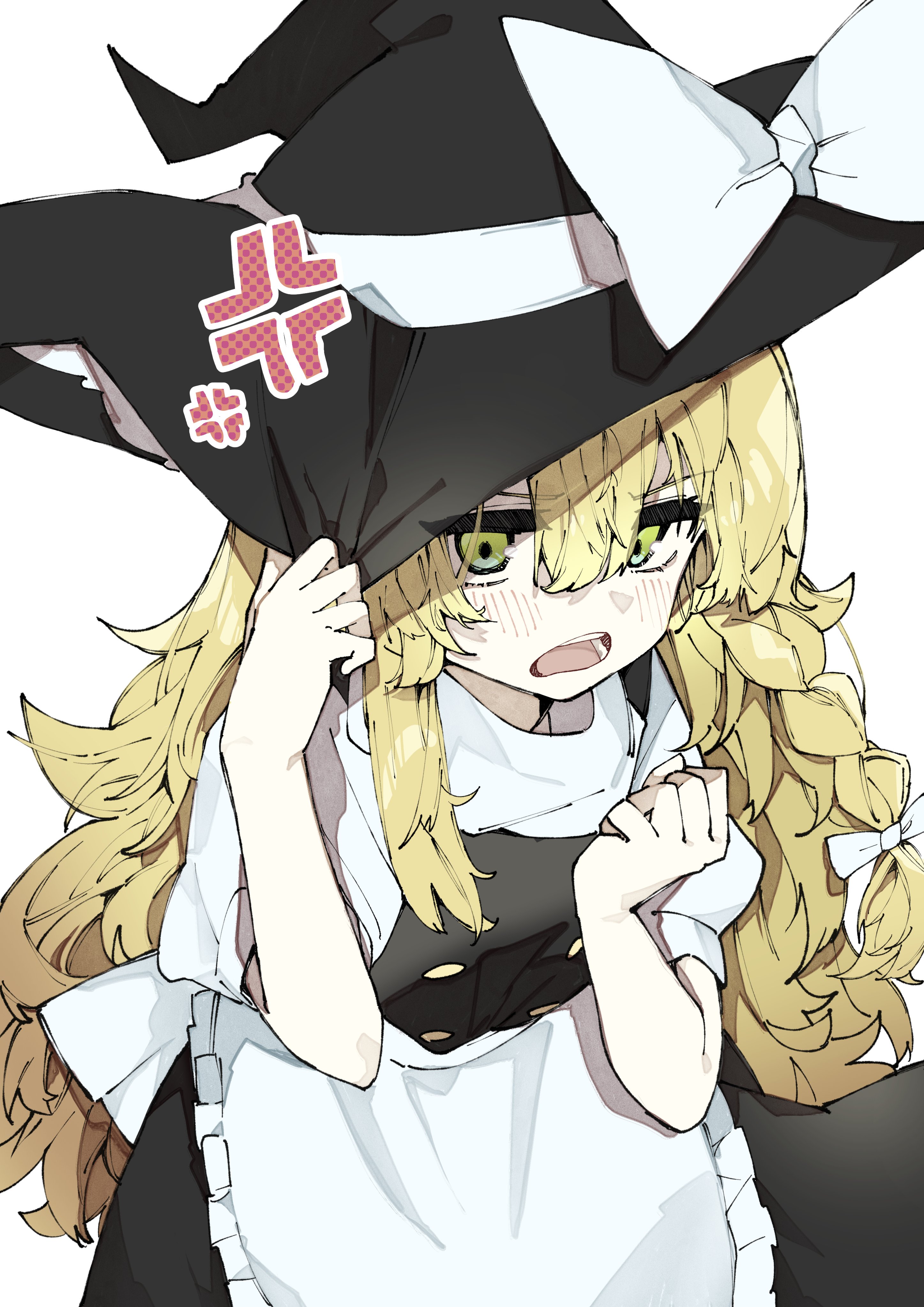 kuromaru ira, kirisame marisa, touhou, absurdres, highres, 1girl, angry, apron, black dress, blonde hair, blush, bow, braid, dress, green eyes, hat, simple background, white apron, witch hat