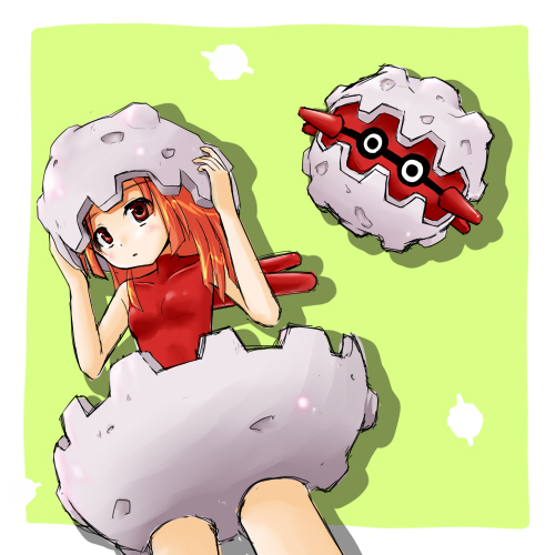 tenjou ryuka, forretress, nintendo, pokemon, lowres, black eyes, brown eyes, creature and personification, gen 2 pokemon, green background, helmet, looking at viewer, personification, pokemon (creature), red shirt, shirt, sleeveless, standing
