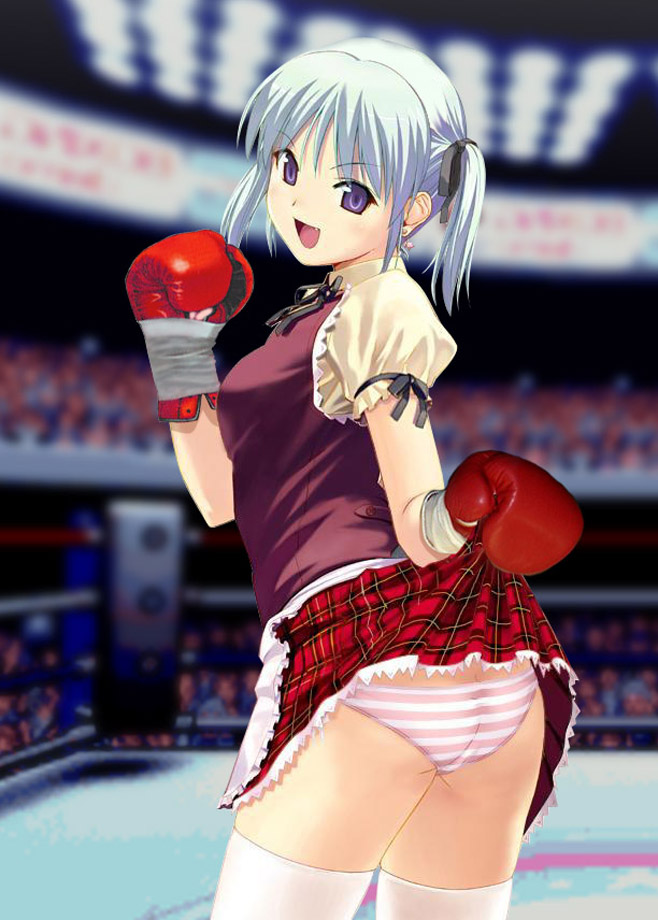 arena, audience, boxing, boxing gloves, boxing ring, clothes lift, fang, green hair, jewelry, panties, purple eyes, skirt, skirt lift, striped clothes, striped panties, thighhighs, underwear, waitress
