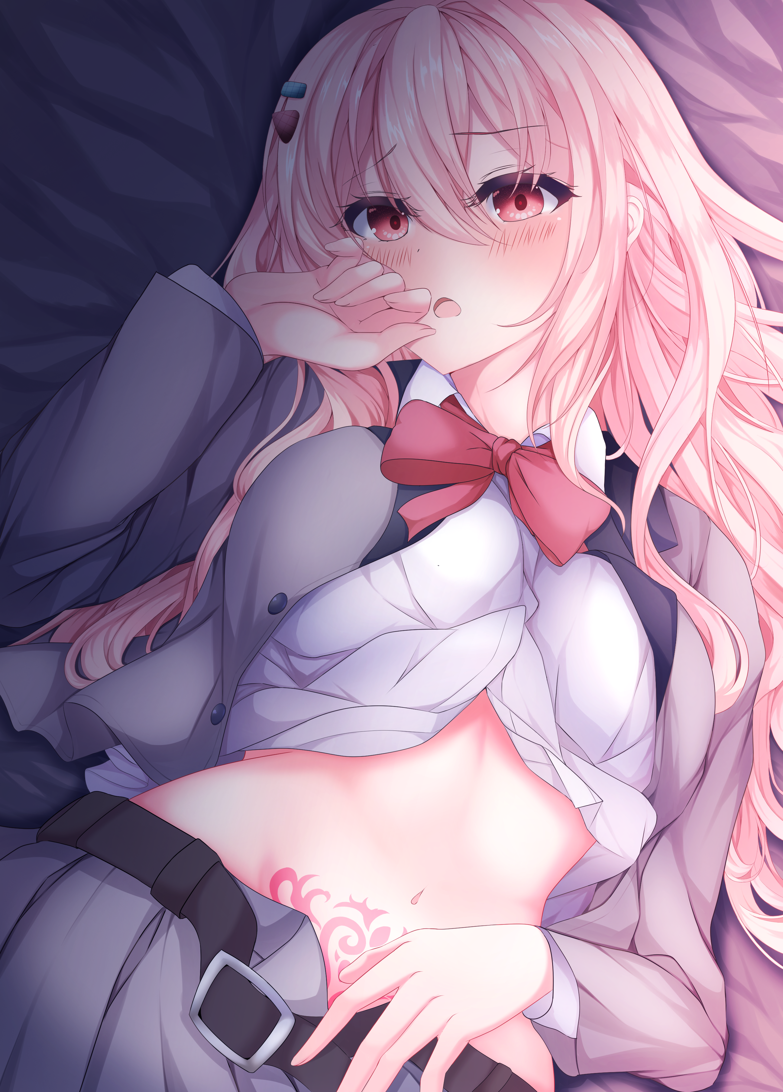 koyo aki (vtvd5277), limelight lemonade jam, absurdres, commentary, highres, 1girl, belt, black belt, blush, bow, bowtie, clothes lift, clothes pull, cowboy shot, d:, dutch angle, eyelashes, eyes visible through hair, furrowed brow, grey jacket, grey skirt, hair between eyes, hair ornament, hair spread out, hairclip, hand up, harumi ena, jacket, long hair, long sleeves, lying, navel, on back, on bed, open clothes, open jacket, open mouth, pink hair, pleated skirt, pubic tattoo, red bow, red bowtie, red eyes, school uniform, shirt, shirt lift, sidelocks, skirt, skirt pull, solo, stomach, tattoo, very long hair, white shirt