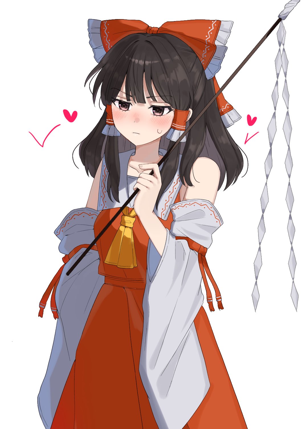 mati100311, hakurei reimu, touhou, commentary request, highres, 1girl, ascot, blush, bow, brown eyes, brown hair, closed mouth, detached sleeves, embarrassed, frilled bow, frilled hair tubes, frills, gohei, hair bow, hair tubes, heart, holding, holding gohei, long hair, red bow, red skirt, simple background, skirt, skirt set, solo, sweatdrop, white background, yellow ascot