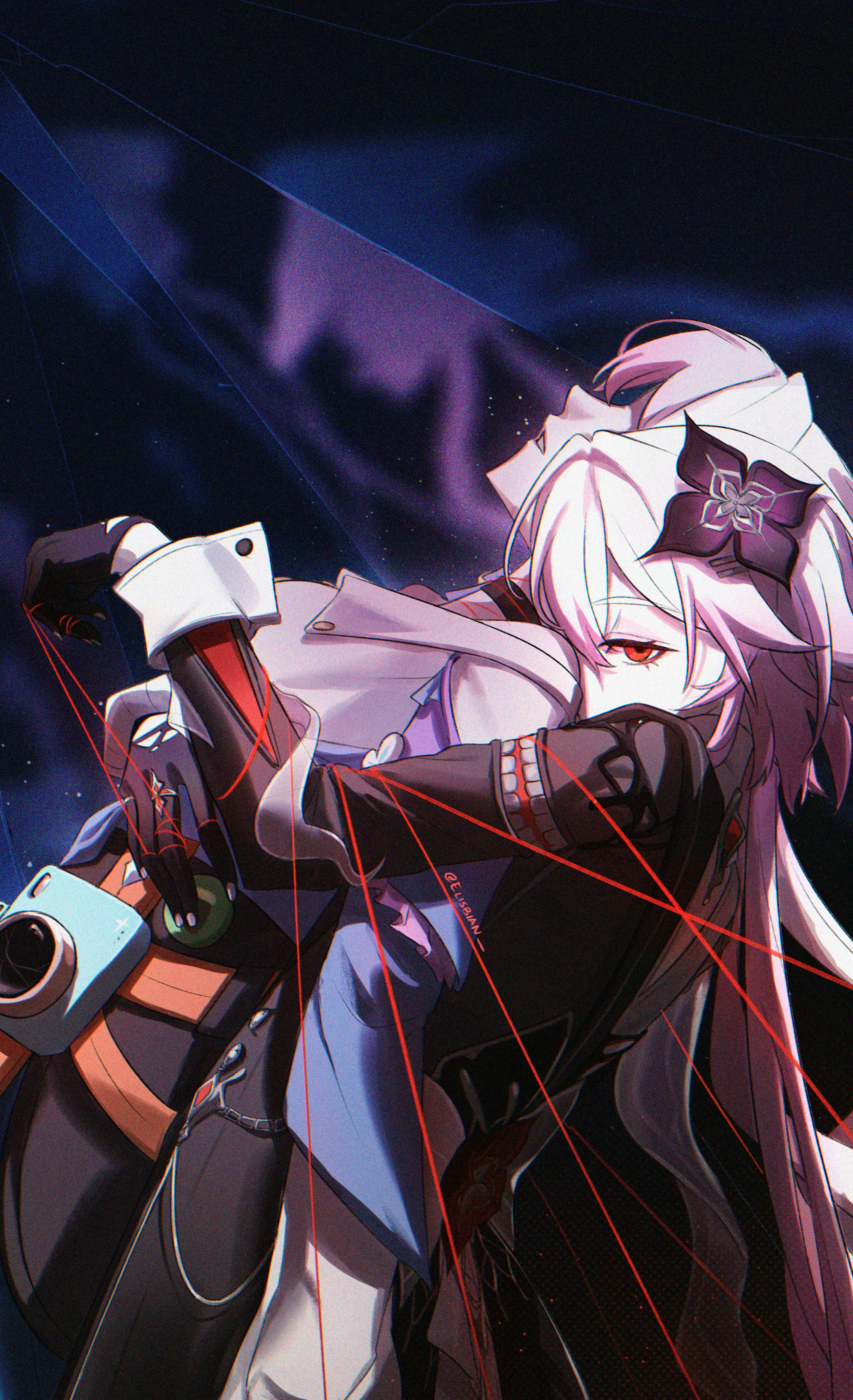 elisbian, evernight (honkai: star rail), march 7th (honkai: star rail), march 7th (preservation) (honkai: star rail), honkai: star rail, honkai (series), absurdres, highres, 2girls, camera, chain, choker, dress, dual persona, flower, gloves, hair flower, hair ornament, hairclip, hug, hug from behind, jewelry, long hair, multiple girls, off shoulder, parallel hairclips, pink hair, red hair, ring, shirt, skirt, thread, twitter username, yuri