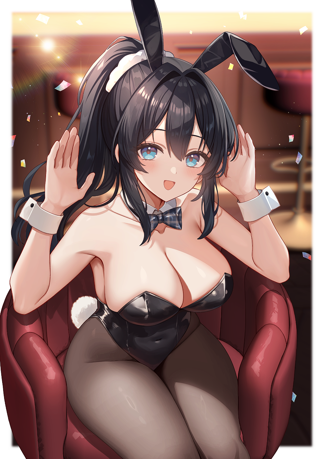 original, commission, highres, skeb commission, 1girl, animal ear hairband, animal ears, black bow, black bowtie, black hair, black leotard, blue eyes, bow, bowtie, breasts, cleavage, couch, detached collar, fake animal ears, feet out of frame, fishnet pantyhose, fishnets, hairband, large breasts, leotard, long hair, mocchiri290, pantyhose, playboy bunny, ponytail, rabbit ears, rabbit pose, rabbit tail, sidelocks, smile, solo, stool, strapless, strapless leotard, tail, wrist cuffs