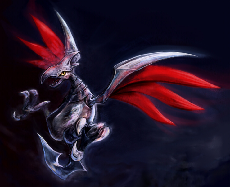 hunger, skarmory, nintendo, pokemon, bird, dark background, full body, gen 2 pokemon, no humans, open mouth, pokemon (creature), talons, yellow eyes