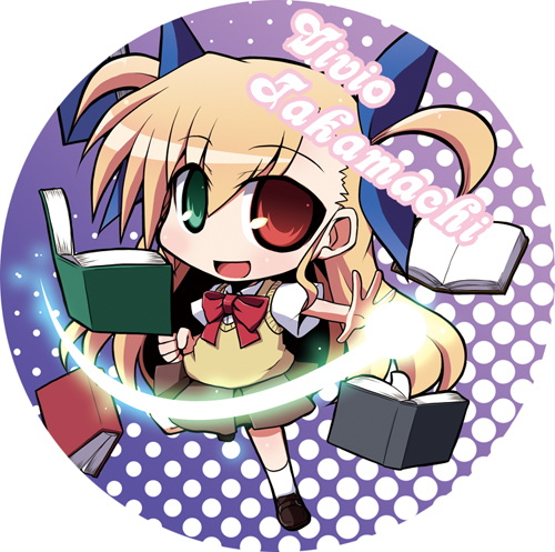 vivio, lyrical nanoha, mahou shoujo lyrical nanoha, lowres, 00s, 1girl, book, circle, female focus, heterochromia, monochrome, school uniform, solo