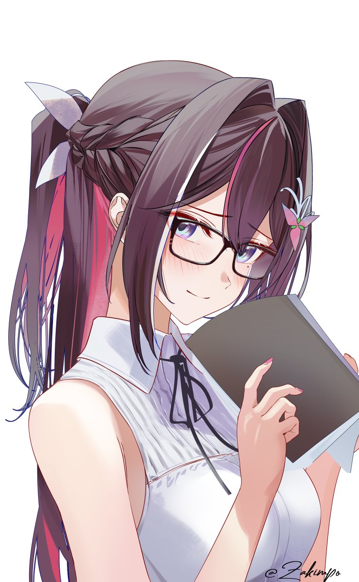 zakimpo, azki (hololive), hololive, commentary, hashtag-only commentary, highres, 1girl, black hair, book, braid, collared shirt, colored inner hair, covering own mouth, double-parted bangs, glasses, hair intakes, hair ornament, hairclip, half up half down braid, holding, holding book, long hair, looking at viewer, mole, mole under eye, multicolored hair, nail polish, neck ribbon, pink hair, pink nails, purple eyes, ribbon, shirt, simple background, sleeveless, sleeveless shirt, smile, solo, streaked hair, twitter username, upper body, virtual youtuber, white background, white hair, white shirt