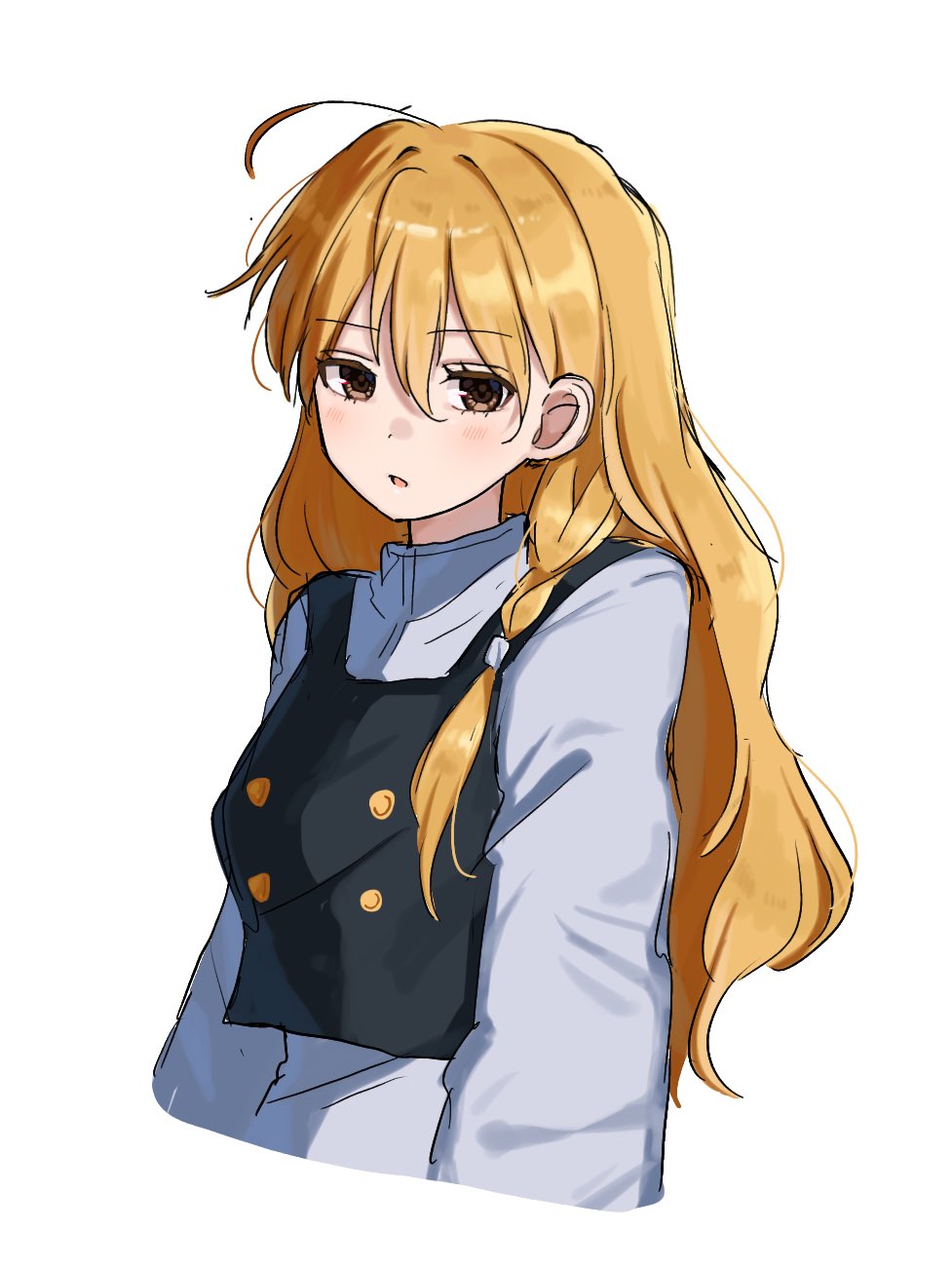 mati100311, kirisame marisa, touhou, commentary, highres, 1girl, ahoge, black vest, blonde hair, braid, long hair, looking at viewer, no headwear, side braid, simple background, single braid, solo, vest, white background, yellow eyes