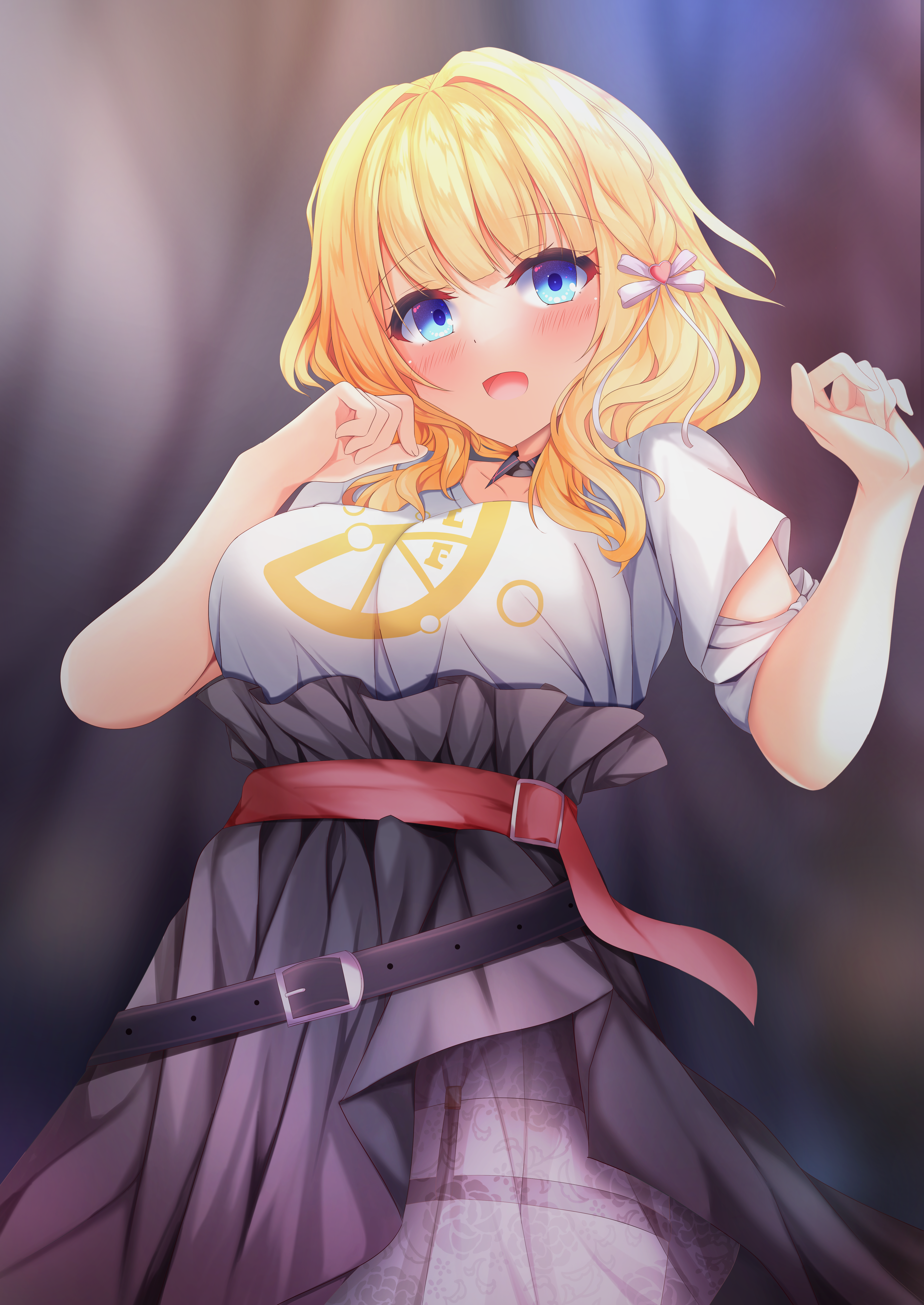 koyo aki (vtvd5277), limelight lemonade jam, absurdres, commentary, highres, 1girl, :d, belt, black belt, black skirt, blonde hair, blue eyes, blunt bangs, blurry, blurry background, blush, bow, breasts, clenched hands, cowboy shot, eyelashes, floral print, hair bow, hair intakes, hair ornament, hands up, heart, heart hair ornament, high-waist skirt, large breasts, looking at viewer, medium hair, open mouth, red belt, rose print, shimakoshi tsukimi, shirt, short sleeves, skirt, smile, solo, wavy hair, white bow, white shirt