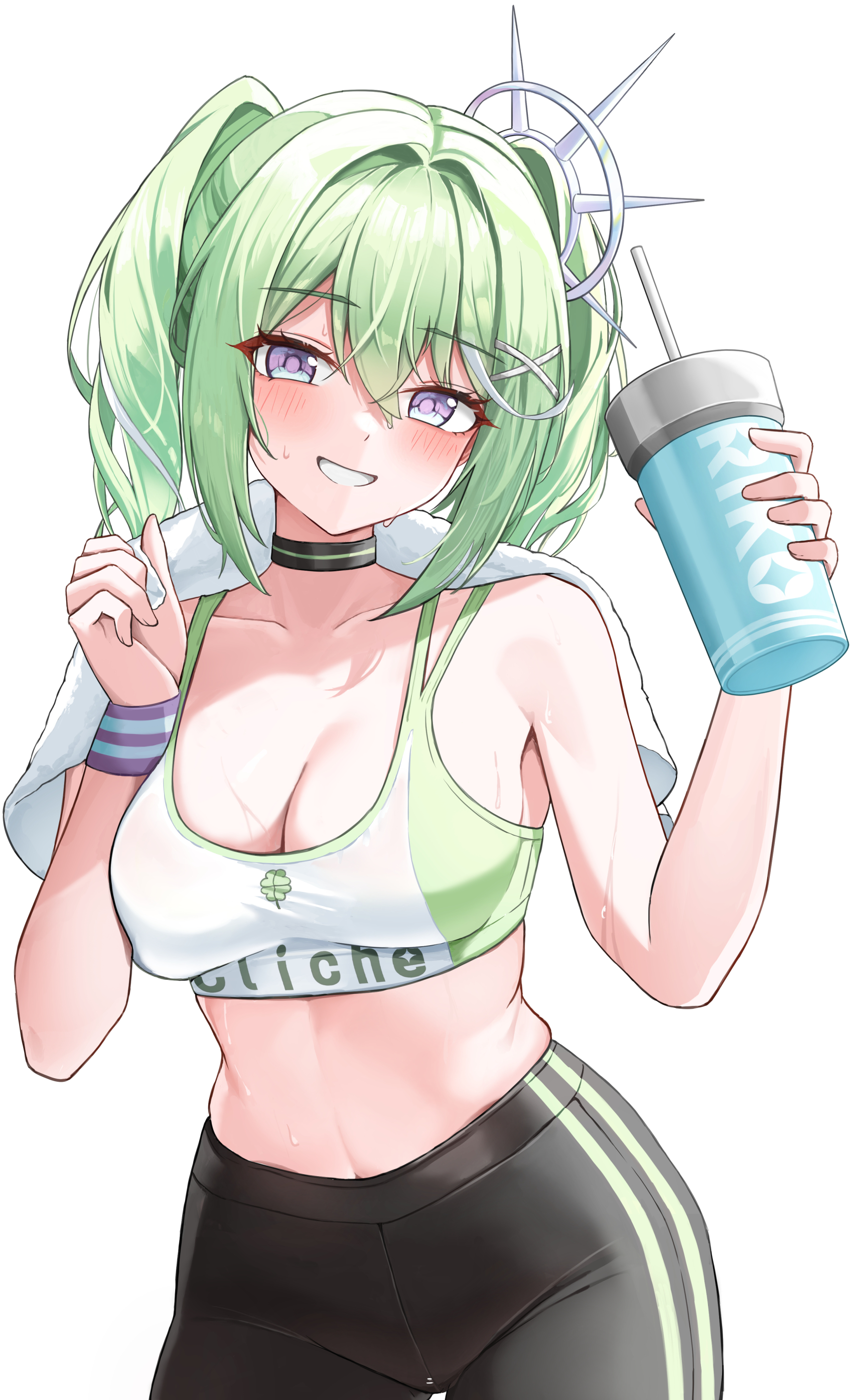 hatae0226 (hty), yuzuha riko, stellive, absurdres, highres, 1girl, bare arms, bare shoulders, black choker, black leggings, blush, breasts, choker, cleavage, collarbone, cowboy shot, crop top, cup, green hair, grin, hair ornament, hands up, holding, holding cup, large breasts, leggings, long hair, looking at viewer, midriff, multicolored eyes, multicolored hair, navel, purple eyes, shirt, simple background, sleeveless, sleeveless shirt, smile, solo, streaked hair, sweat, sweatband, towel, towel around neck, twintails, two-tone eyes, two-tone shirt, virtual youtuber, white background, white shirt, x hair ornament