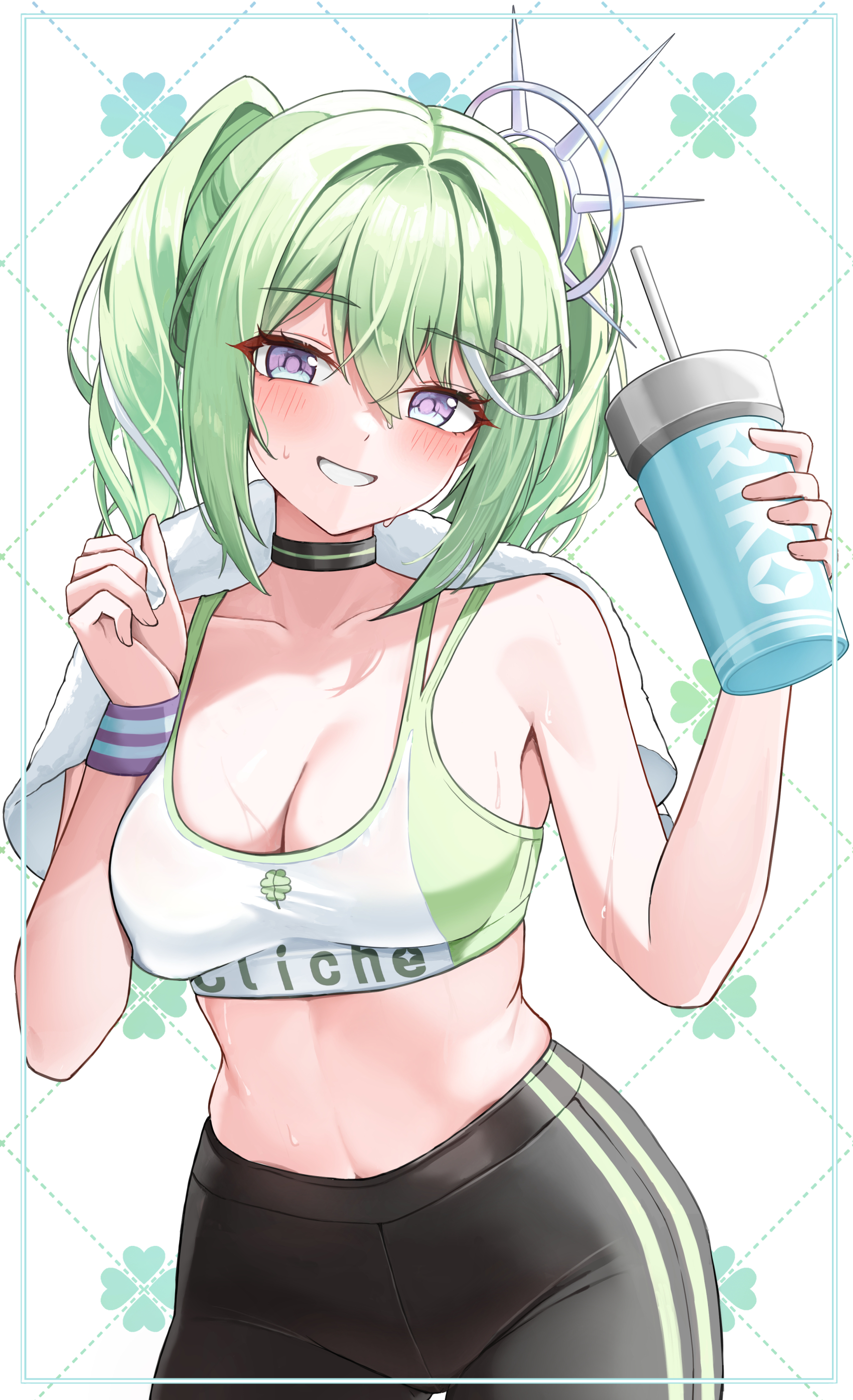 hatae0226 (hty), yuzuha riko, stellive, absurdres, highres, 1girl, bare arms, bare shoulders, black choker, black leggings, blush, breasts, choker, cleavage, collarbone, cowboy shot, crop top, cup, green hair, grin, hair ornament, hands up, holding, holding cup, large breasts, leggings, long hair, looking at viewer, midriff, multicolored eyes, multicolored hair, navel, purple eyes, shirt, sleeveless, sleeveless shirt, smile, solo, streaked hair, sweat, sweatband, towel, towel around neck, twintails, two-tone eyes, two-tone shirt, virtual youtuber, white shirt, x hair ornament