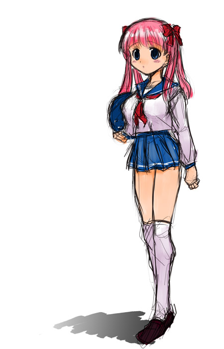 haramura nodoka, saki (manga), 00s, blue eyes, pink hair, school uniform, sketch, solo, twintails