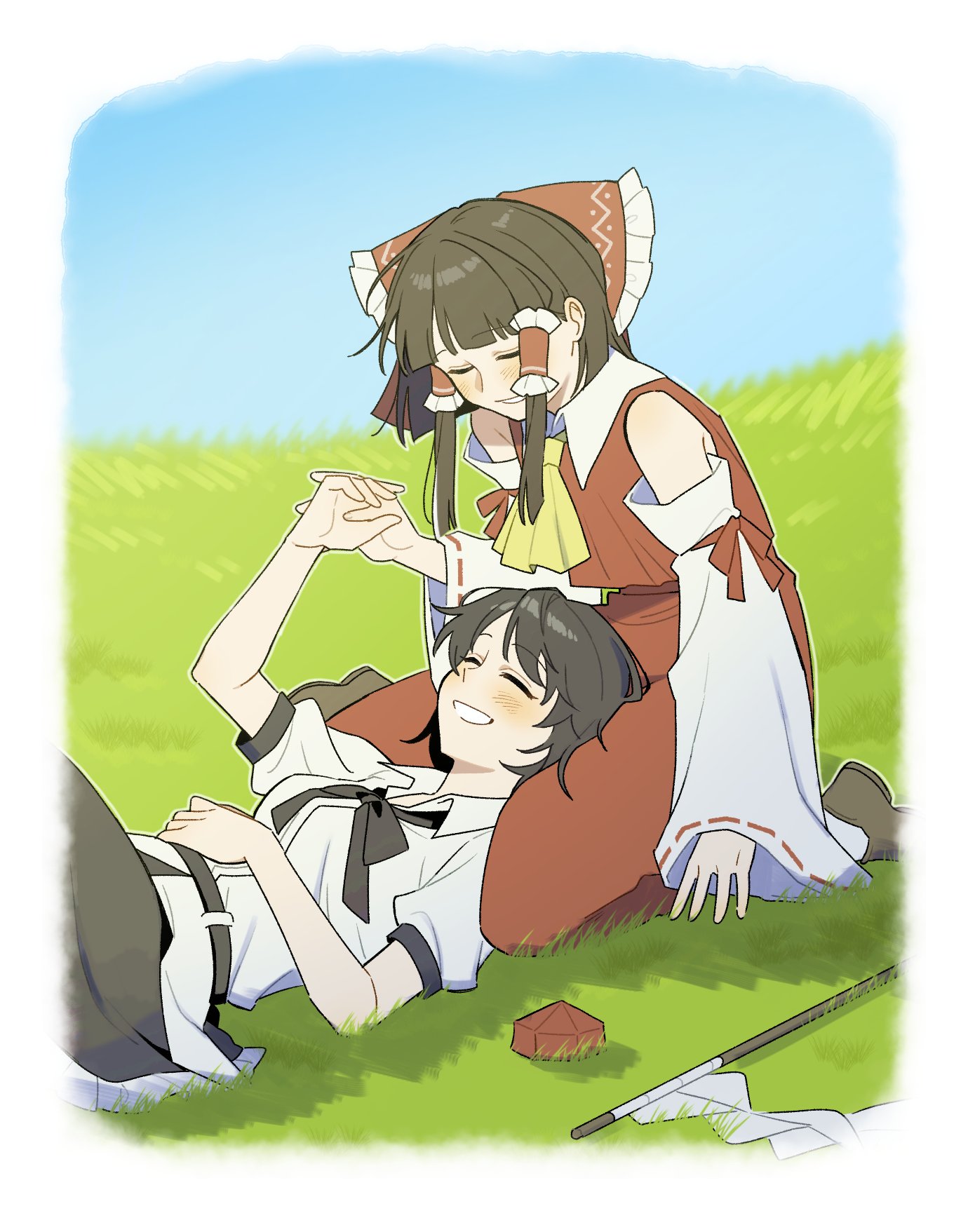 sakic43899, hakurei reimu, shameimaru aya, touhou, commentary, highres, 2girls, ascot, black bow, black bowtie, black hair, black skirt, blue sky, blush, bow, bowtie, brown hair, brown shoes, closed eyes, collared shirt, day, detached sleeves, frilled bow, frilled hair tubes, frills, gohei, hair bow, hair tubes, hat, lap pillow, long hair, lying, multiple girls, on back, on grass, outdoors, puffy short sleeves, puffy sleeves, red bow, red skirt, shirt, shoes, short sleeves, skirt, skirt set, sky, smile, socks, unworn hat, unworn headwear, white shirt, white socks, yellow ascot, yuri