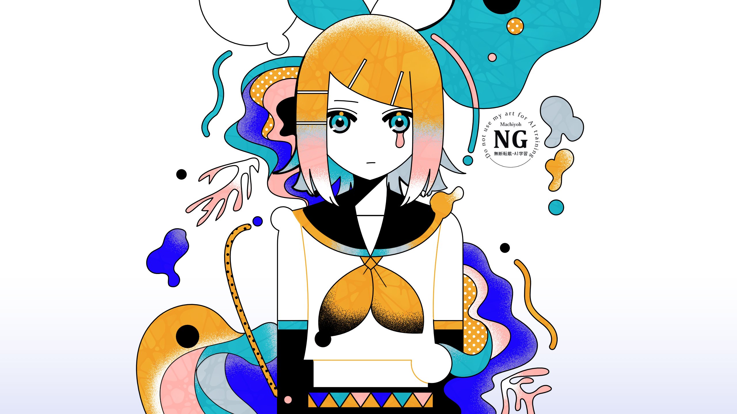 machigami yoh, kagamine rin, vocaloid, commentary request, highres, 1girl, abstract, abstract background, bare shoulders, black sailor collar, blonde hair, blue eyes, bow, colored skin, crop top, detached sleeves, expressionless, hair bow, hair ornament, hairclip, looking at viewer, neckerchief, sailor collar, shirt, short hair, single tear, solo, straight-on, upper body, white background, white shirt, white skin, yellow neckerchief