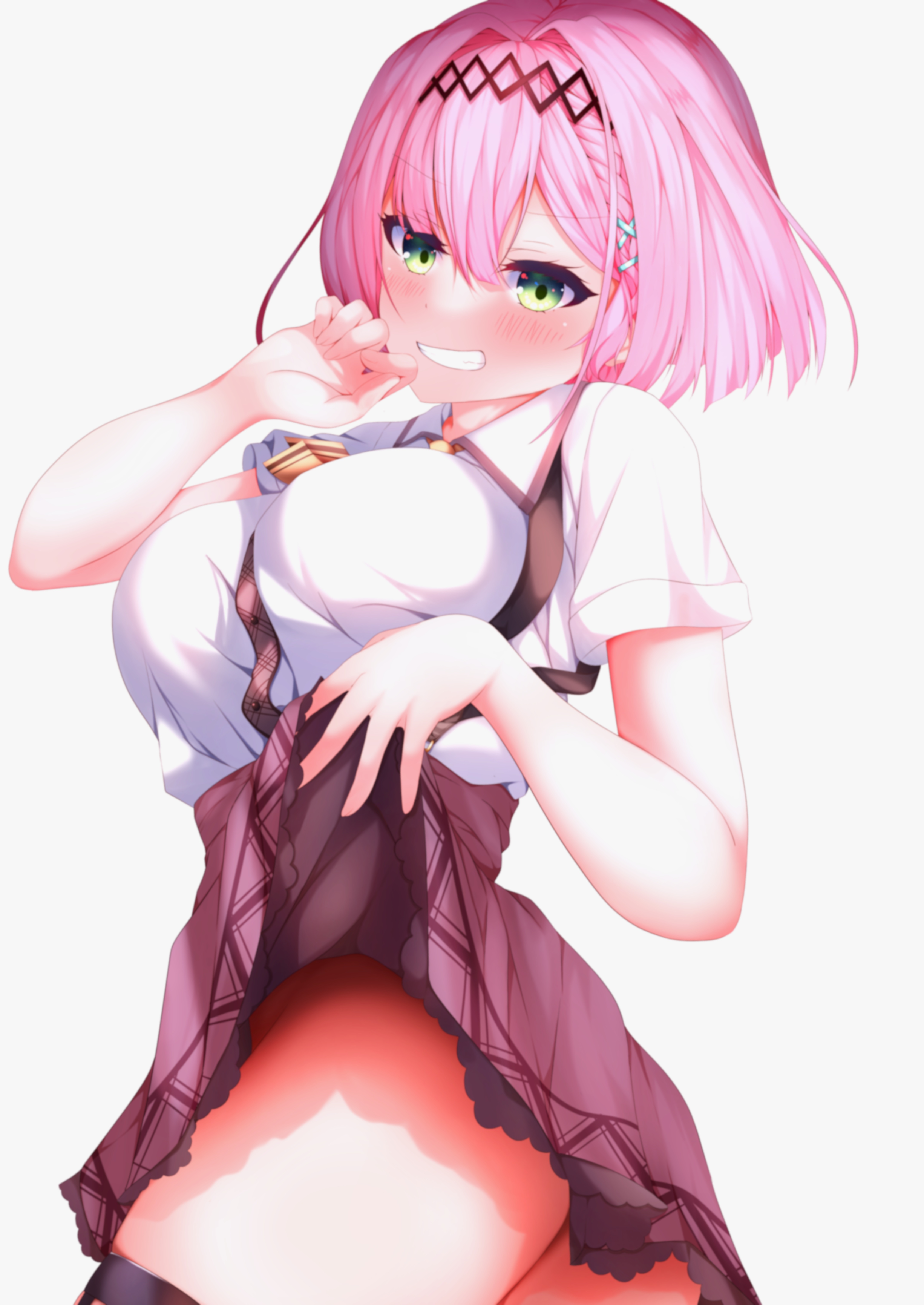 koyo aki (vtvd5277), tanikaze amane, tenshi souzou re-boot!, absurdres, commentary, highres, 1girl, :d, ass, black hairband, blunt bangs, blunt ends, blush, bob cut, breasts, brown skirt, clothes lift, collared shirt, cowboy shot, eyelashes, eyes visible through hair, frilled skirt, frills, green eyes, grin, hair between eyes, hair intakes, hair ornament, hairband, hairclip, hands up, high-waist skirt, large breasts, lifting own clothes, looking at viewer, medium hair, mizuka academy school uniform, naughty face, no panties, open mouth, pink hair, school uniform, shirt, short sleeves, simple background, skirt, skirt lift, smile, solo, straight hair, suspender skirt, suspenders, thigh strap, v-shaped eyebrows, white background, white shirt, x hair ornament