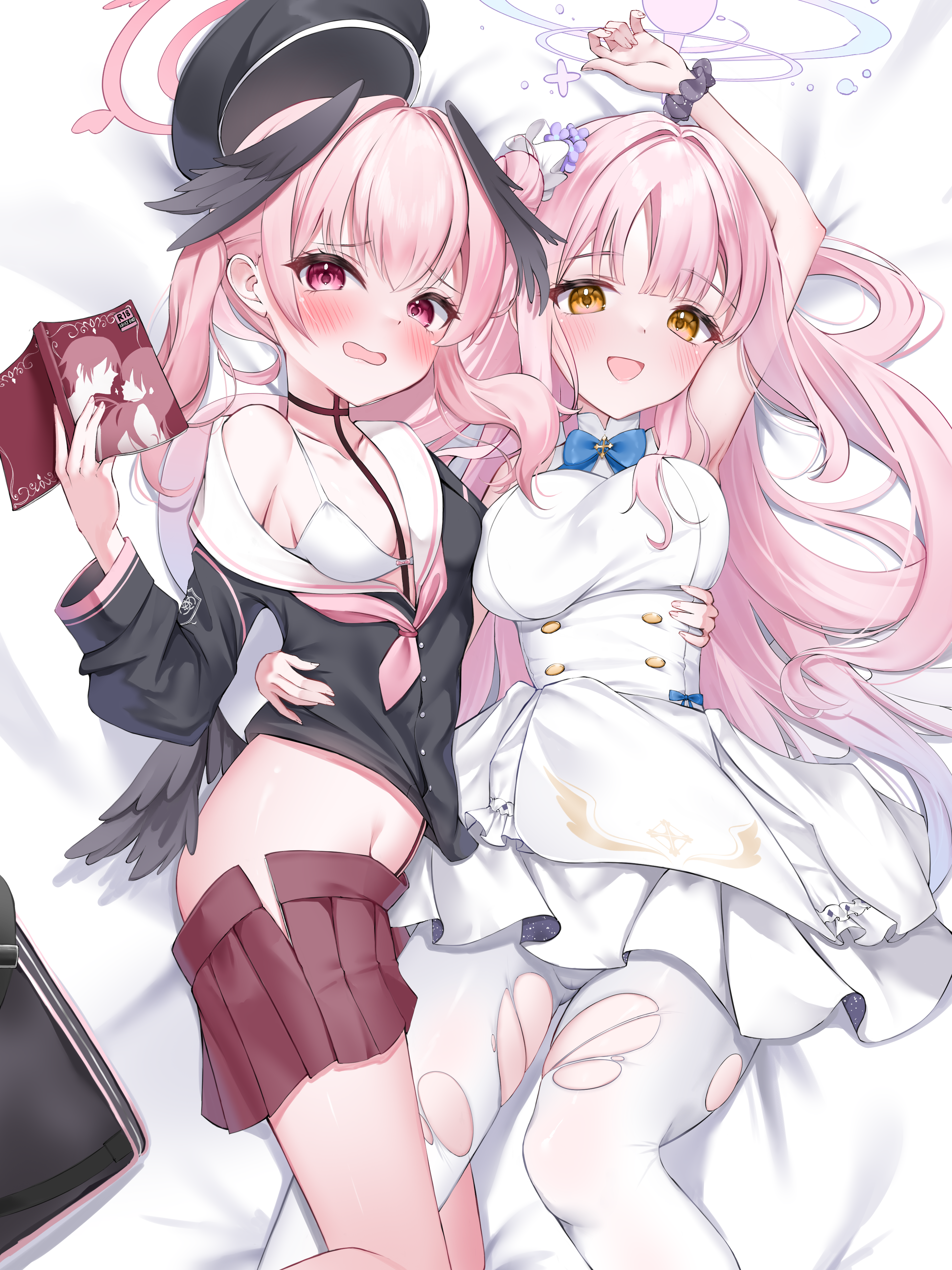 wfa5051, koharu (blue archive), mika (blue archive), blue archive, absurdres, commentary, highres, 2girls, angel wings, black scrunchie, black skirt, black wings, blue bow, blue bowtie, blush, book, bow, bowtie, bra, bra slip, breasts, embarrassed, feathered wings, gradient halo, hair bun, hair ornament, halo, hand on another's waist, head wings, holding, holding book, large breasts, long hair, looking at viewer, low wings, lying, medium breasts, multicolored halo, multiple girls, on back, open mouth, pantyhose, pink eyes, pink hair, pink halo, red halo, scrunchie, simple background, single side bun, skirt, smile, torn clothes, torn pantyhose, underwear, white bra, white pantyhose, white wings, wing ornament, wings, wrist scrunchie, yellow eyes