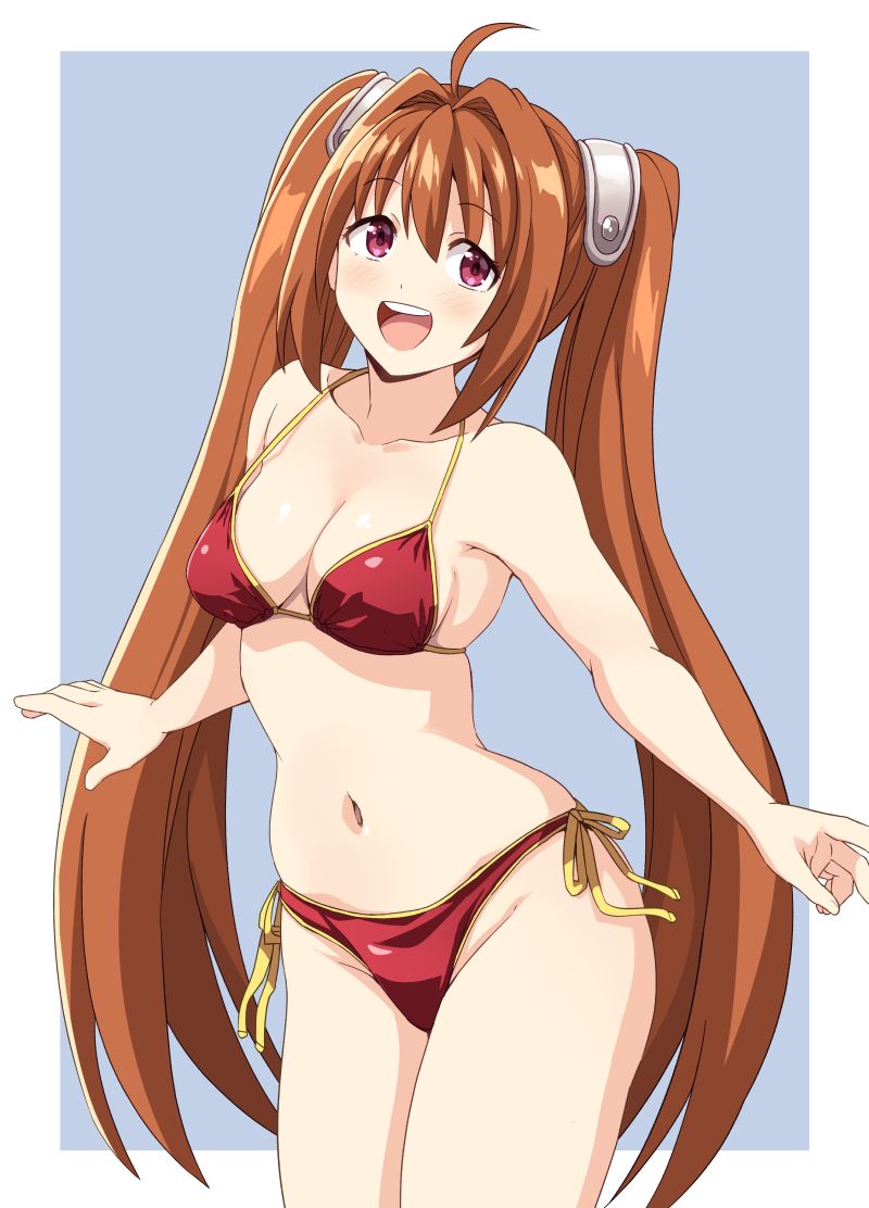 ponzu rui, estelle bright, eiyuu densetsu, sora no kiseki, 1girl, ahoge, bikini, breasts, brown hair, cleavage, cowboy shot, long hair, looking at viewer, medium breasts, navel, red bikini, red eyes, side-tie bikini bottom, smile, solo, swimsuit, twintails, upper body