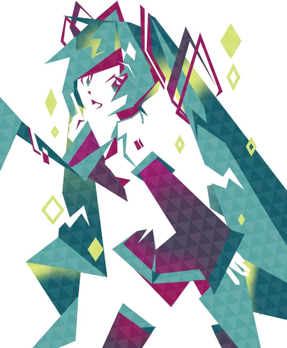 machigami yoh, hatsune miku, vocaloid, 1girl, :d, abstract, aqua eyes, aqua hair, aqua necktie, blending, colored eyelashes, detached sleeves, diamond (shape), floating neckwear, geometric pattern, hair ornament, hand up, long hair, looking at viewer, necktie, open mouth, pointing, shirt, shoulder tattoo, sidelocks, skirt, sleeveless, sleeveless shirt, smile, solo, tattoo, thighhighs, twintails, very long hair, white background
