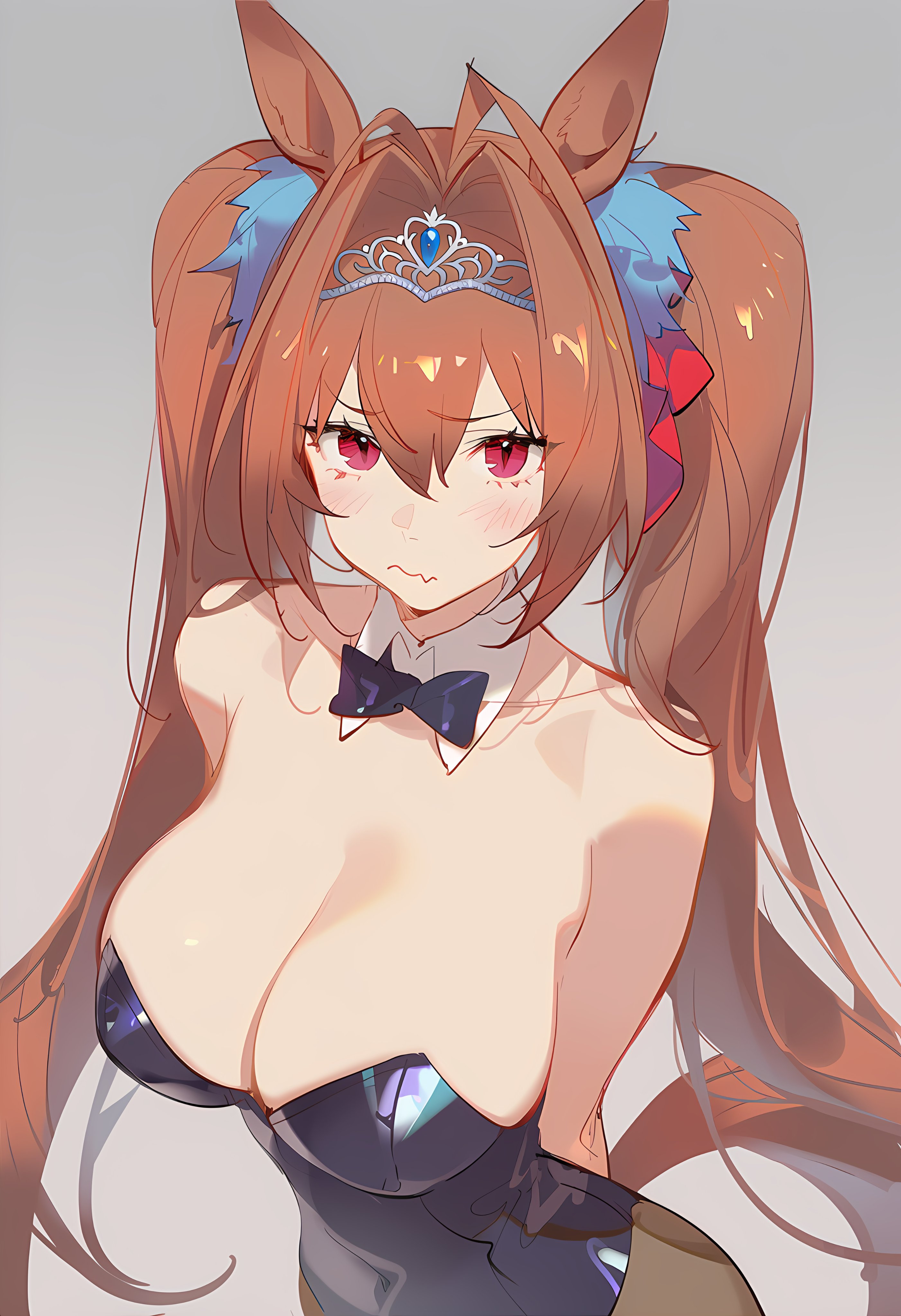 kisaragi shokuin, daiwa scarlet (umamusume), umamusume, absurdres, highres, 1girl, animal ear hairband, animal ears, black bow, black bowtie, black leotard, bow, bowtie, breasts, brown hair, cleavage, detached collar, fake animal ears, grey background, hair intakes, hairband, horse ears, horse girl, horse tail, large breasts, leotard, long hair, looking at viewer, nontraditional playboy bunny, pantyhose, red eyes, simple background, solo, strapless, strapless leotard, tail, tiara, twintails