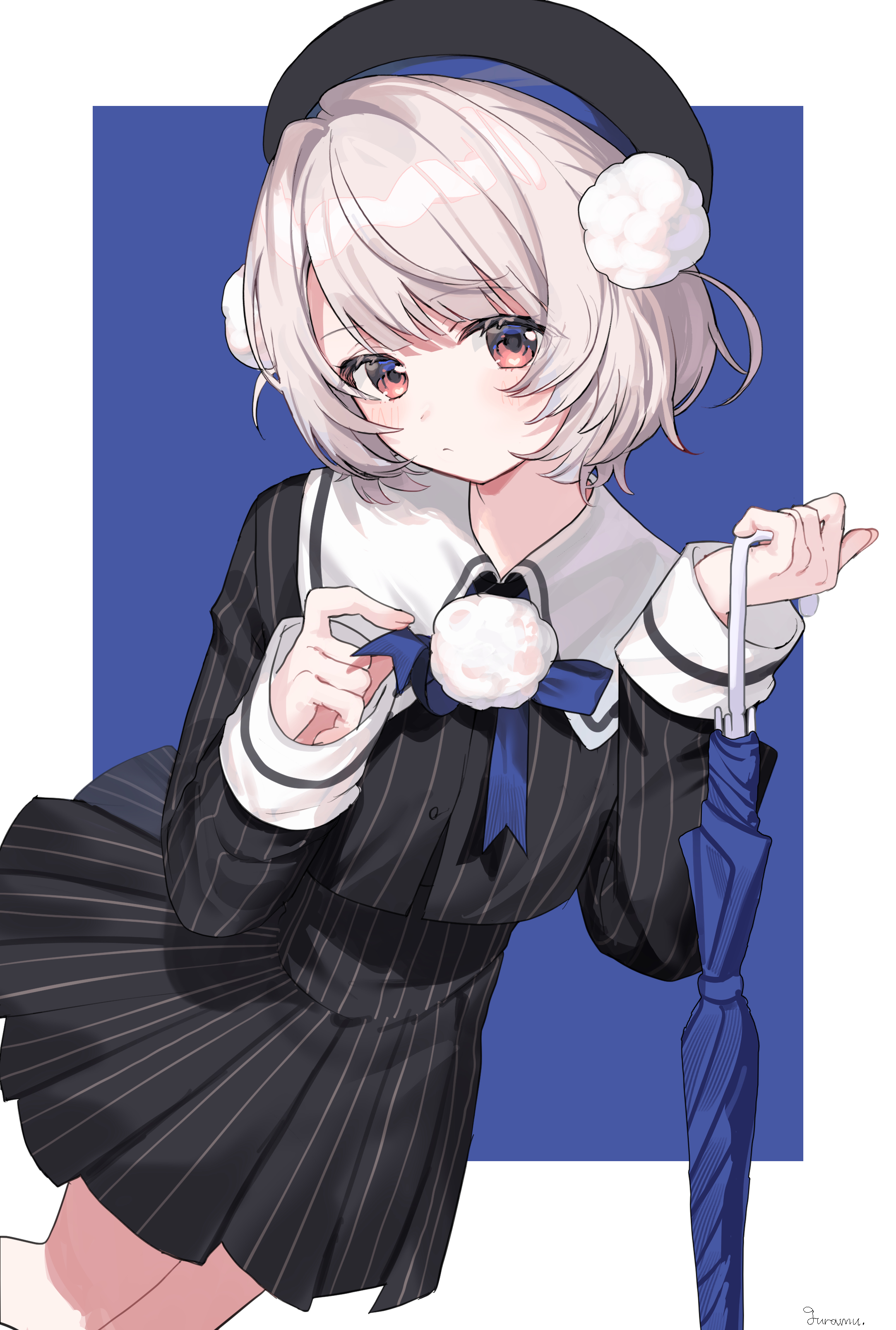 guramuli, ui (voisona), voisona, absurdres, commentary, highres, 1girl, black hat, black jacket, black skirt, blue bow, blue bowtie, blush, bow, bowtie, closed umbrella, expressionless, eyelashes, grey hair, hair ornament, hat, head tilt, high-waist skirt, holding, holding umbrella, jacket, legs, long sleeves, looking at viewer, medium hair, miniskirt, pinstripe jacket, pinstripe pattern, pinstripe skirt, pleated skirt, pom pom (clothes), pom pom brooch, pom pom hair ornament, red eyes, sailor collar, shirt, side part, sidelocks, signature, simple background, skirt, solo, two side up, umbrella, white sailor collar, wispy bangs