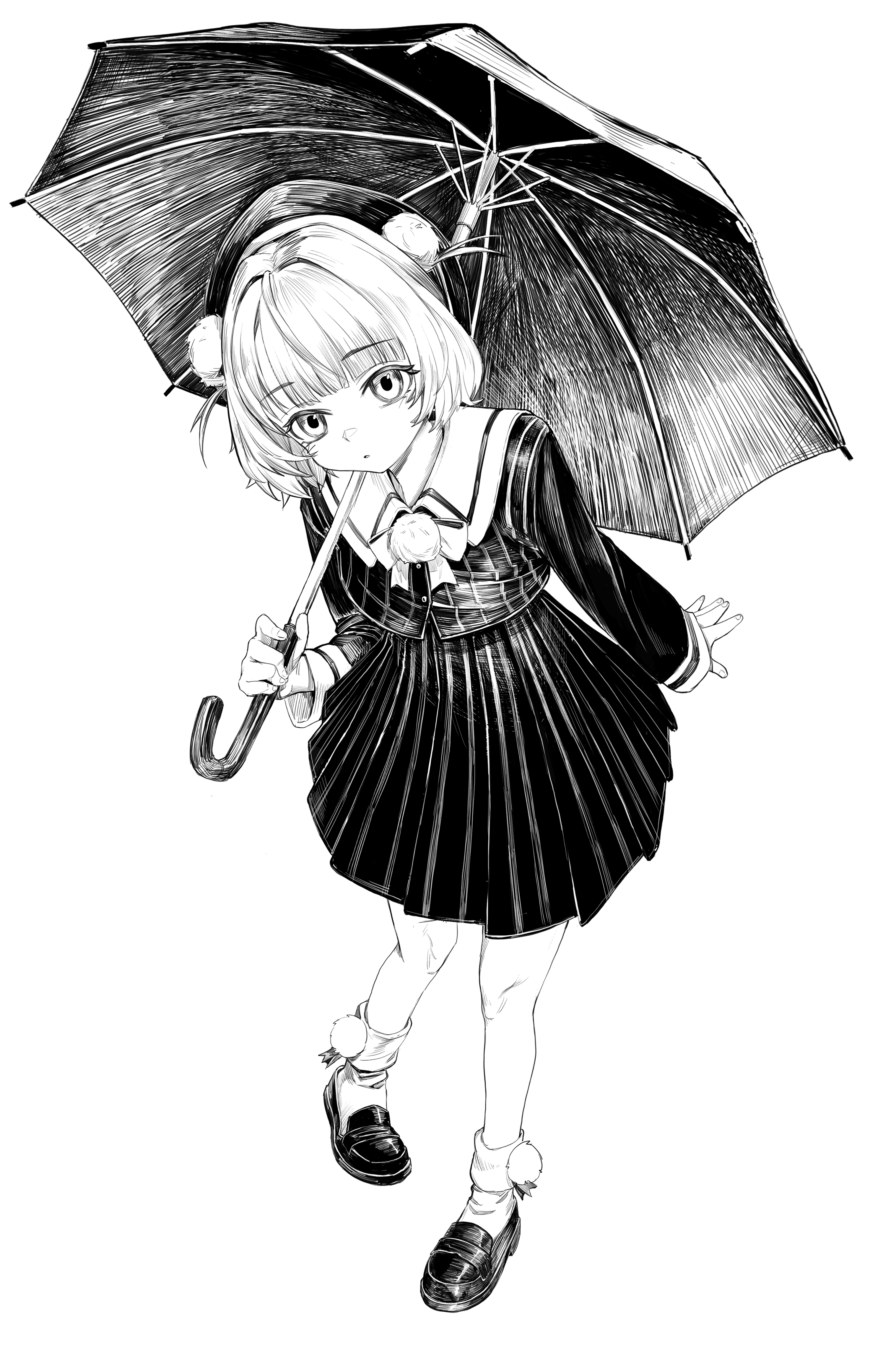 fallencoffee, ui (voisona), voisona, absurdres, commentary, highres, 1girl, ankle socks, arm at side, beret, blunt bangs, bow, bowtie, full body, greyscale, hat, holding, holding umbrella, leaning forward, loafers, looking at viewer, miniskirt, monochrome, outstretched hand, pinstripe jacket, pinstripe pattern, pom pom (clothes), pom pom brooch, sailor collar, shoes, short hair, simple background, skirt, sleeve cuffs, socks, solo, two side up, umbrella, white background, wispy bangs