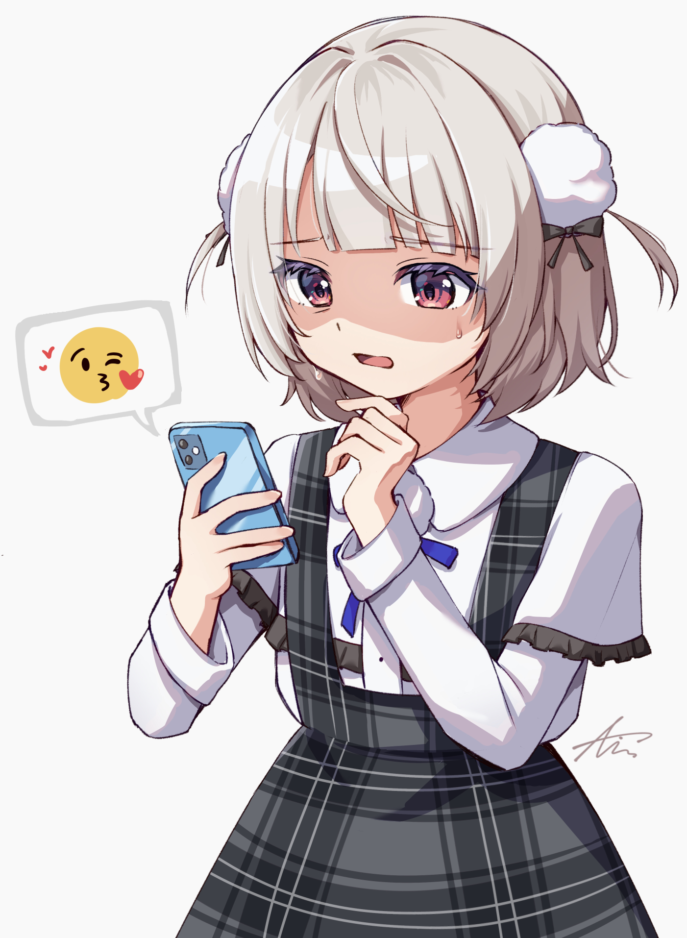 ice cream (aisu aisu 9898), ui (voisona), o henji madakana ojisan koubun (voisona), voisona, highres, 1girl, blue bow, blue bowtie, blunt bangs, bow, bowtie, cellphone, collared shirt, cowboy shot, disgust, emoji, finger to own chin, frilled sleeves, frills, grey background, high-waist skirt, holding, holding phone, layered sleeves, long sleeves, nervous sweating, partially shaded face, phone, plaid clothes, plaid skirt, pom pom (clothes), pom pom brooch, red eyes, shirt, short hair, short over long sleeves, short sleeves, side part, simple background, skirt, smartphone, solo, spoken emoji, suspender skirt, suspenders, sweat, two side up, white shirt, wispy bangs