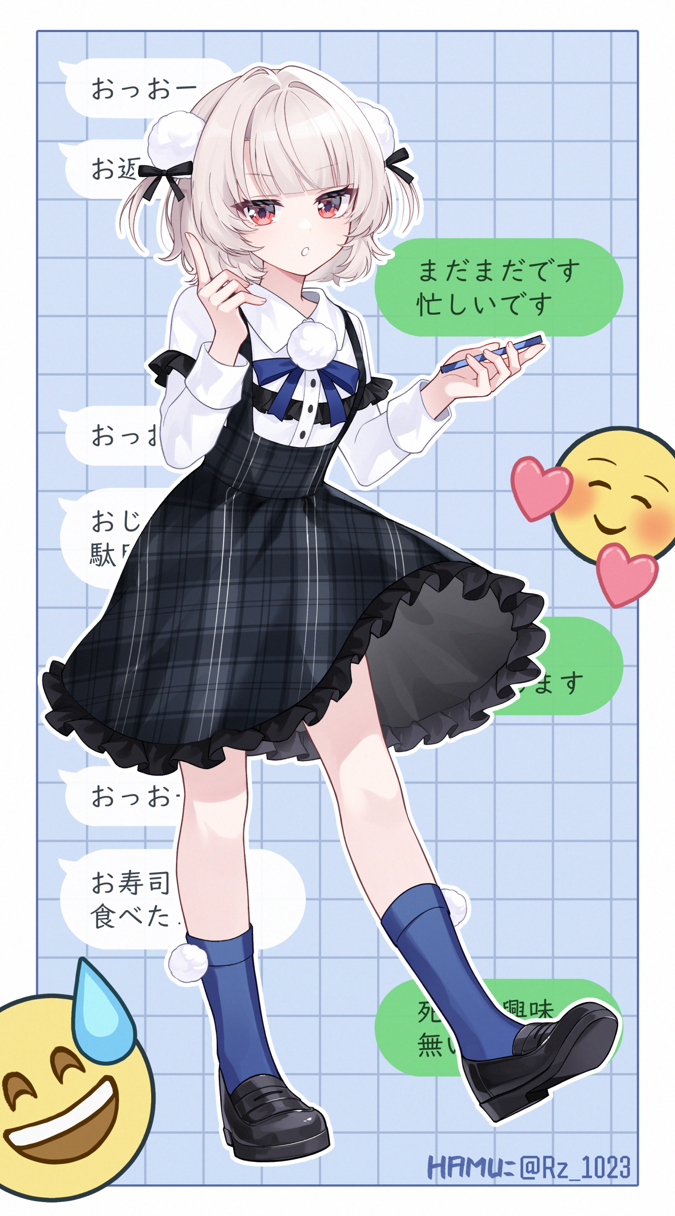 hamu (rz 1023), ui (voisona), o henji madakana ojisan koubun (voisona), voisona, absurdres, commentary request, highres, translation request, 1girl, artist name, black shoes, black skirt, blue background, blue bow, blue bowtie, blue socks, blunt bangs, bow, bowtie, cellphone, collared shirt, dress shirt, emoji, frilled skirt, frills, full body, grid background, high-waist skirt, holding, holding phone, index finger raised, light blush, loafers, long sleeves, miniskirt, open mouth, outline, phone, plaid clothes, plaid skirt, pom pom (clothes), pom pom brooch, red eyes, shirt, shoes, short hair, side part, skirt, skirt flip, smartphone, socks, solo, suspender skirt, suspenders, twitter username, two side up, white outline, white shirt
