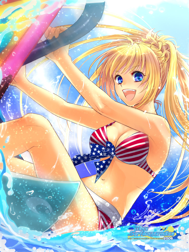 ogihara mikumi, miss surfersparadise, original, striped, 1girl, american flag, american flag bikini, american flag print, bikini, blonde hair, blue eyes, breasts, cleavage, day, female focus, flag print, flag print bikini, large breasts, long hair, open mouth, print bikini, solo, splashing, surfing, swimsuit, united states, very long hair, water, watermark