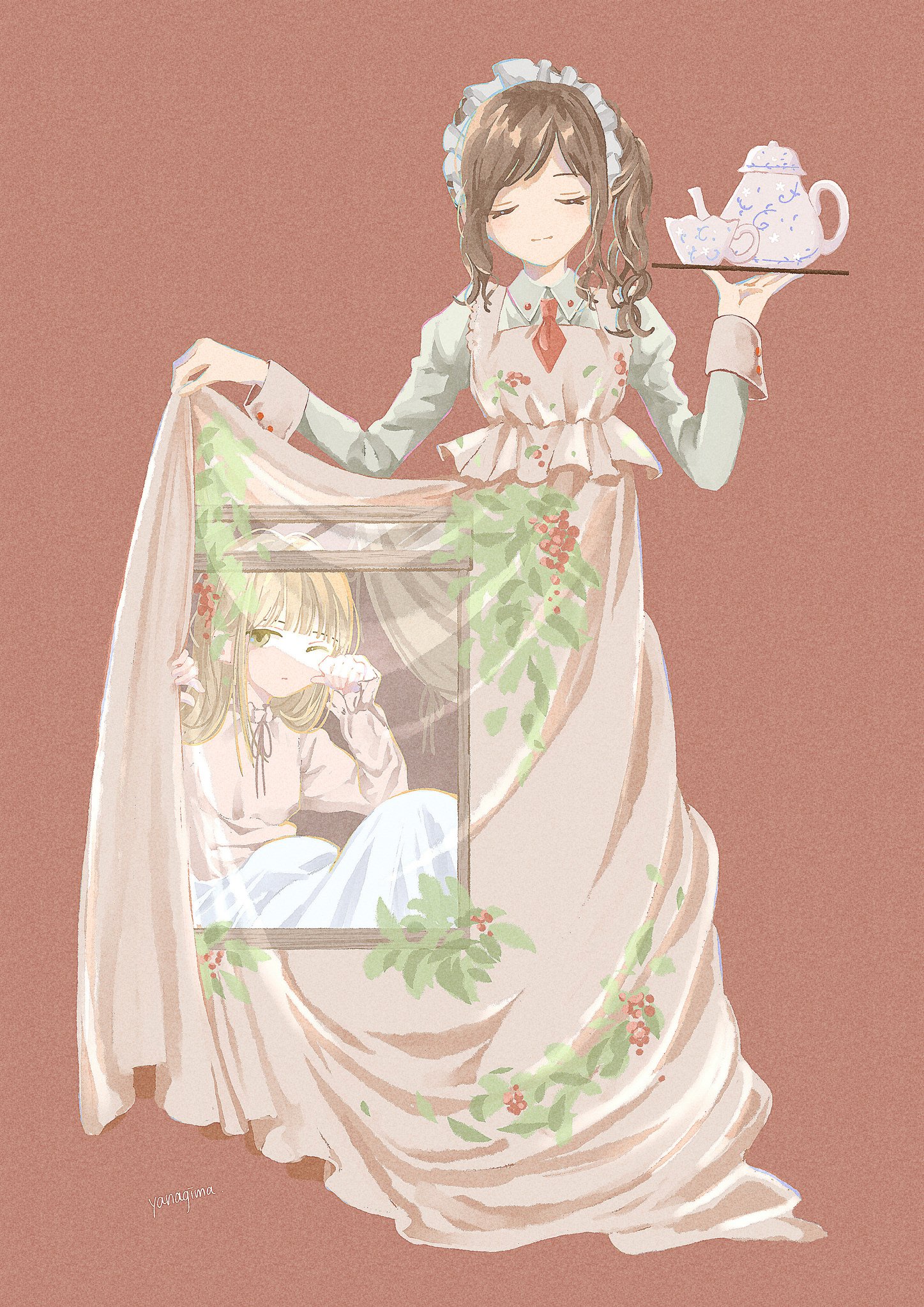 yanagima yu03, original, highres, 1girl, brown hair, closed eyes, closed mouth, cup, facing viewer, flower, holding, holding tray, leaf, long hair, maid headdress, monochrome background, neckerchief, picture frame, red neckerchief, side ponytail, skirt hold, solo, swept bangs, teacup, teapot, tray, wavy hair