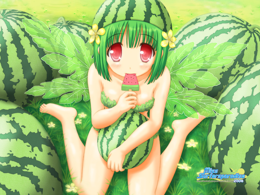aoi akua, miss surfersparadise, original, 1girl, barefoot, blush, fairy, female focus, flower, food, food-themed clothes, food print, fruit, fruit print, green hair, looking at viewer, popsicle, pov, red eyes, short hair, sitting, solo, watermark, watermelon, watermelon bar, watermelon print, wings