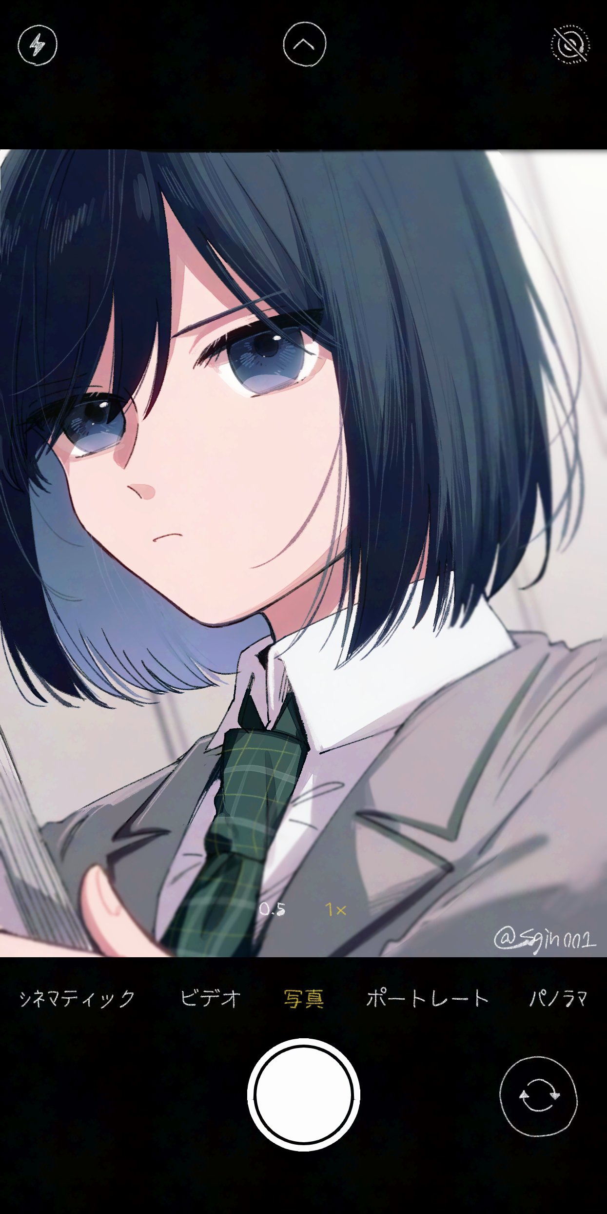 migihara (sgin001), miyagi shiori, shuuniichido classmate wo kau hanashi, absurdres, commentary request, highres, 1girl, blue eyes, blue hair, closed mouth, collared shirt, fake screenshot, green necktie, grey jacket, jacket, looking at viewer, necktie, school uniform, shirt, short hair, solo, white shirt